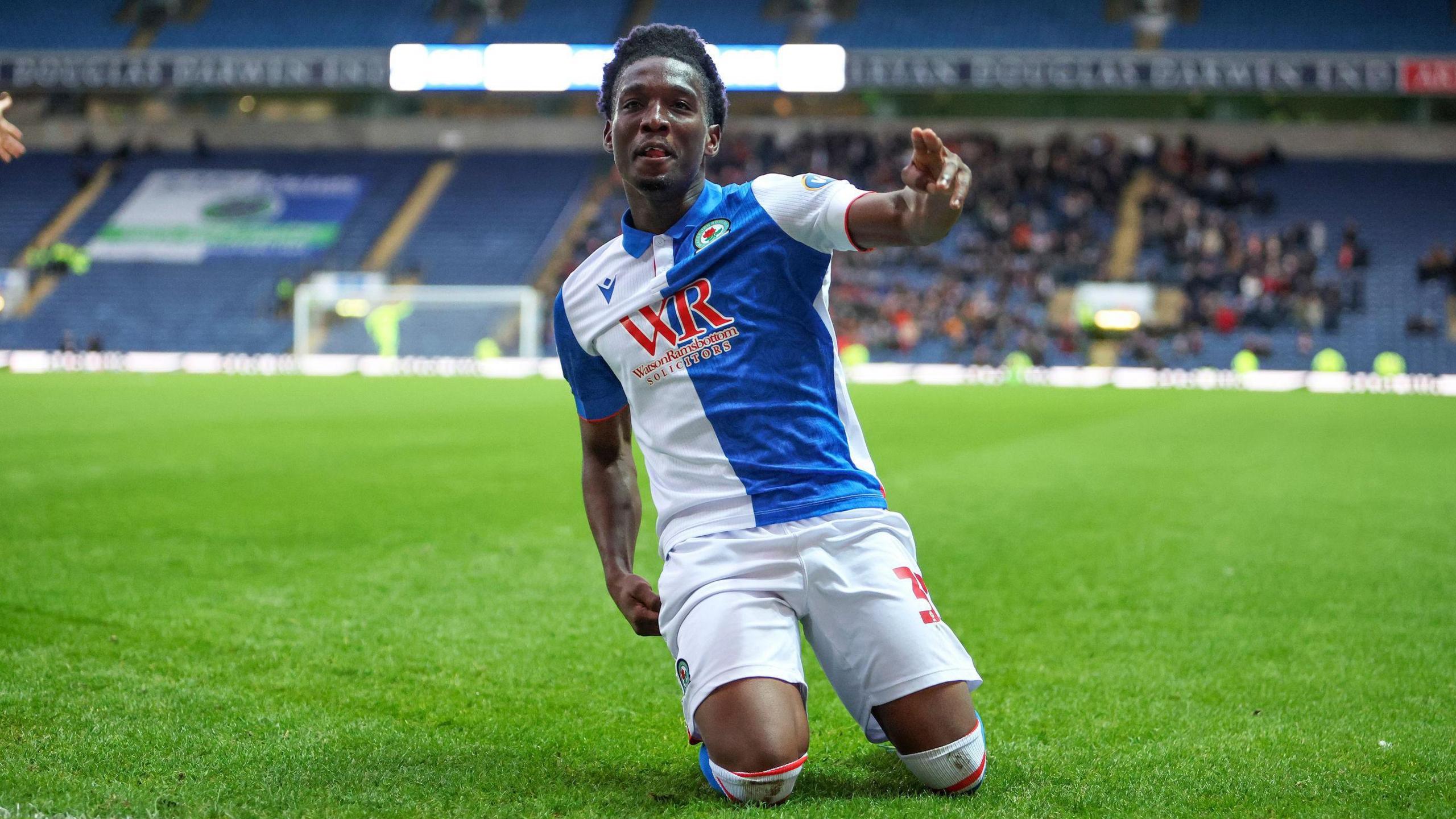 Amario Cozier-Duberry celebrates his first Blackburn goal aainst Luton Town - on his first start