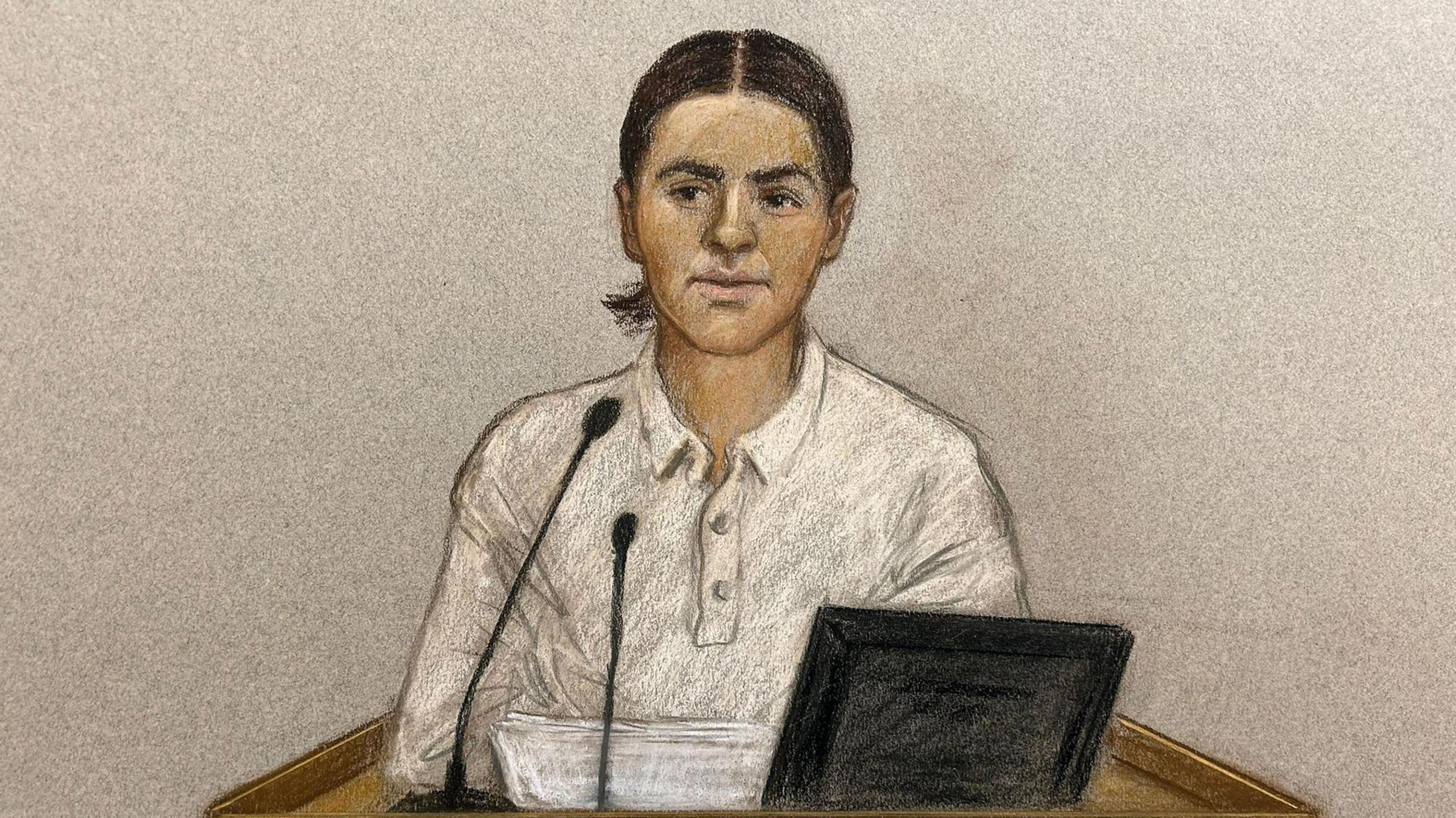 A court sketch of Sam Kerr, who is wearing a white shirt and her hair is in a ponytail.