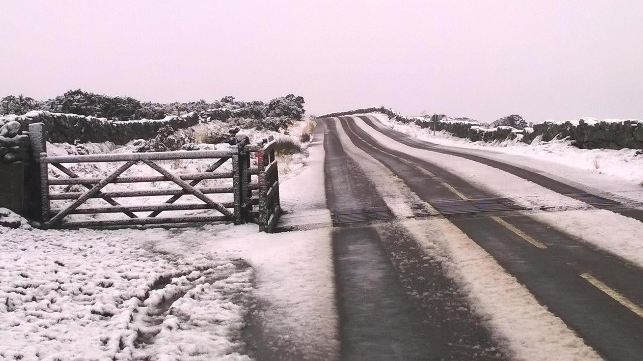Snow covers parts of Dartmoor, including a gate. Tracks showing where vehicles have driven along a road can be seen.
