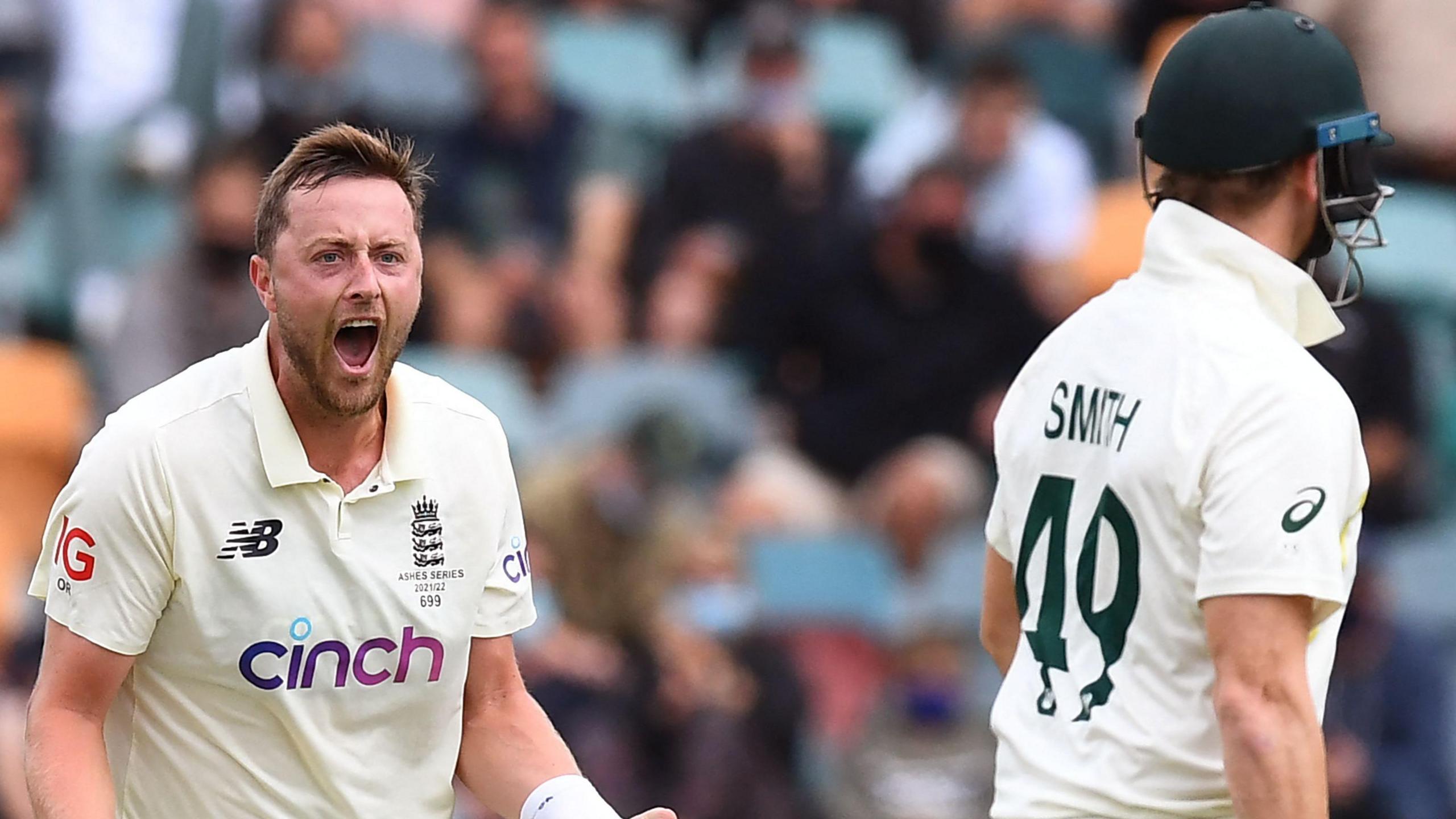 Ollie Robinson celebrates wicket of Steve Smith