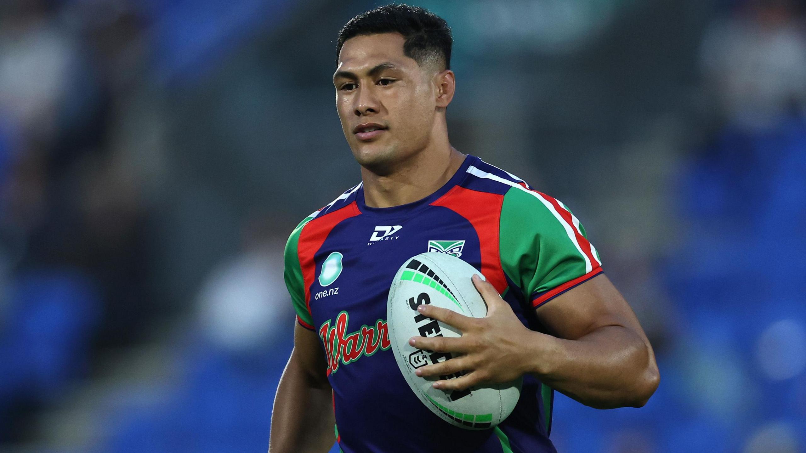 Roger Tuivasa-Sheck wearing the blue, red and green New Zealand Warriors jersey during the round two NRL match against Canberra Raiders at Go Media Stadium, on March 13, 2026, in Auckland, New Zealand