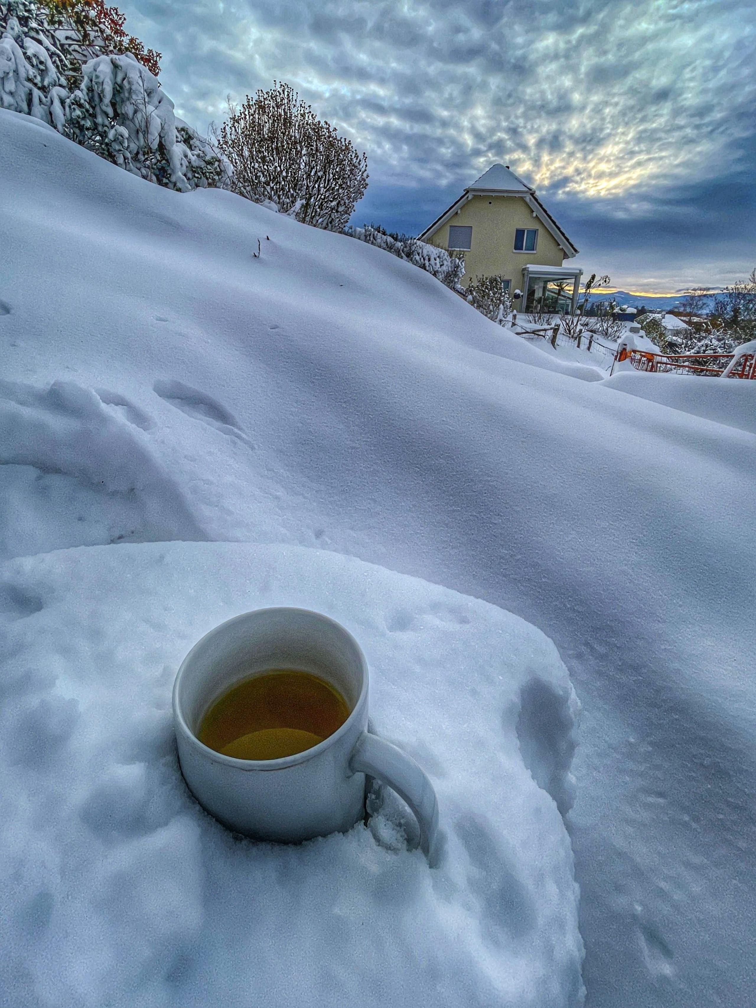 A mug of tea in a snowy landscape