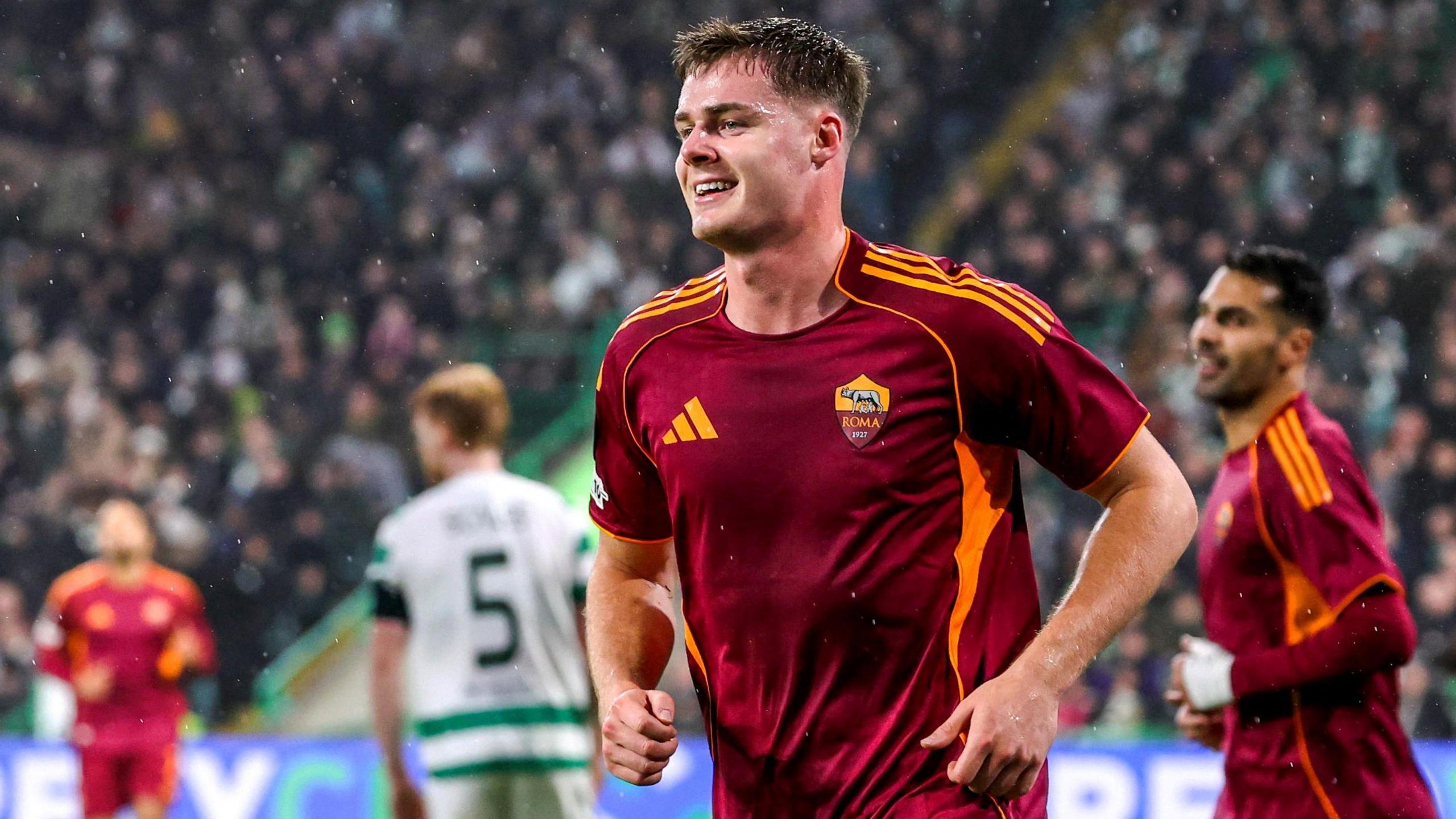 Celtic fan Evan Ferguson scores for Roma