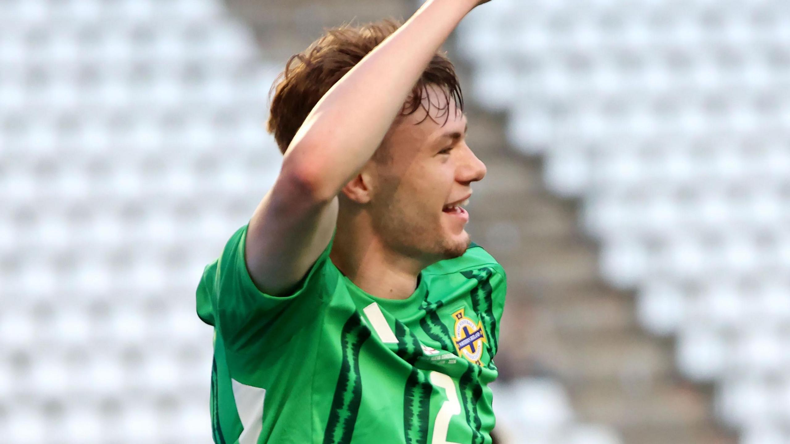 Conor Bradley celebrates scoring for Northern Ireland