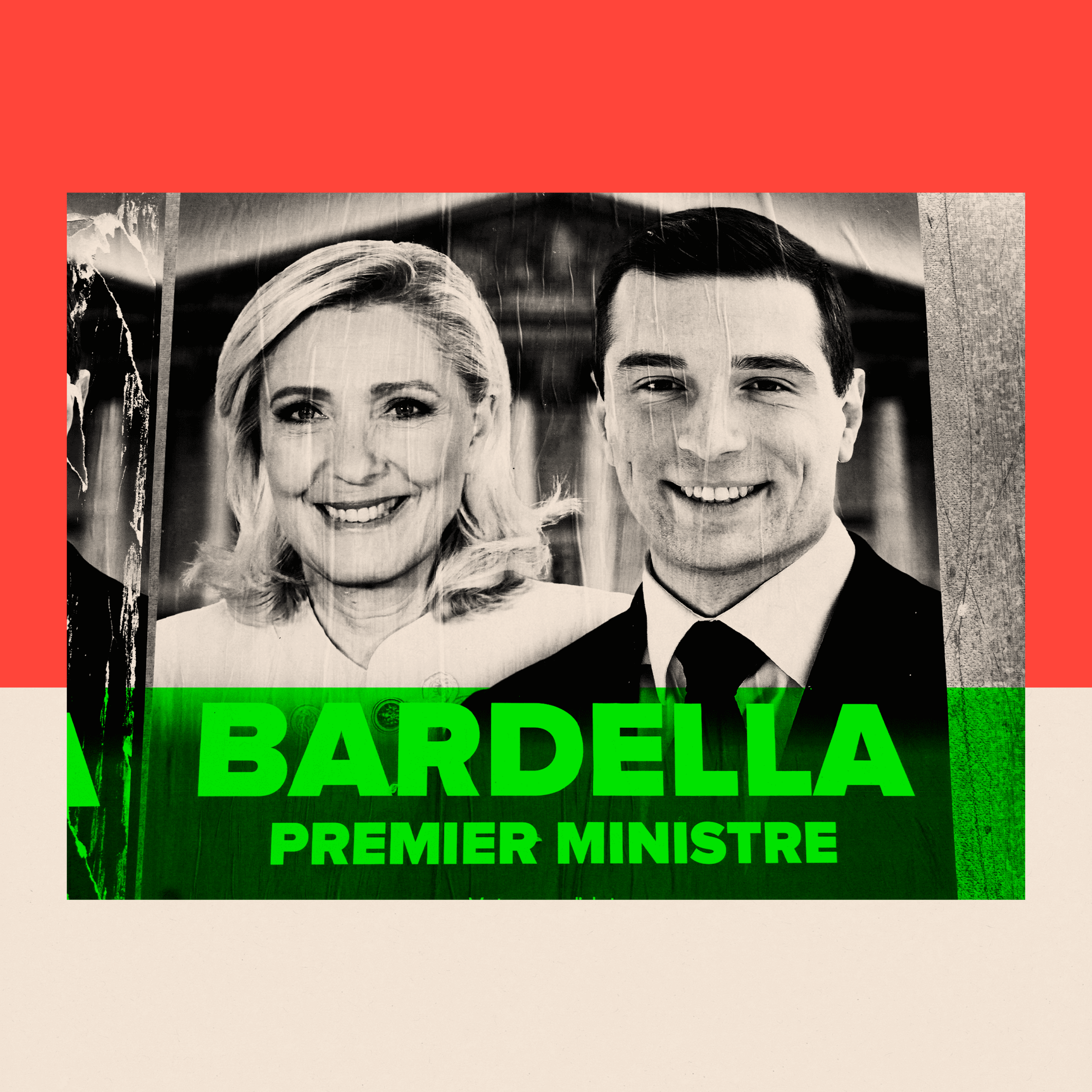 Montage with a poster for the National Rally poster showing the faces of leader Marine Le Pen and candidate for prime minister, Jordan Bardella 