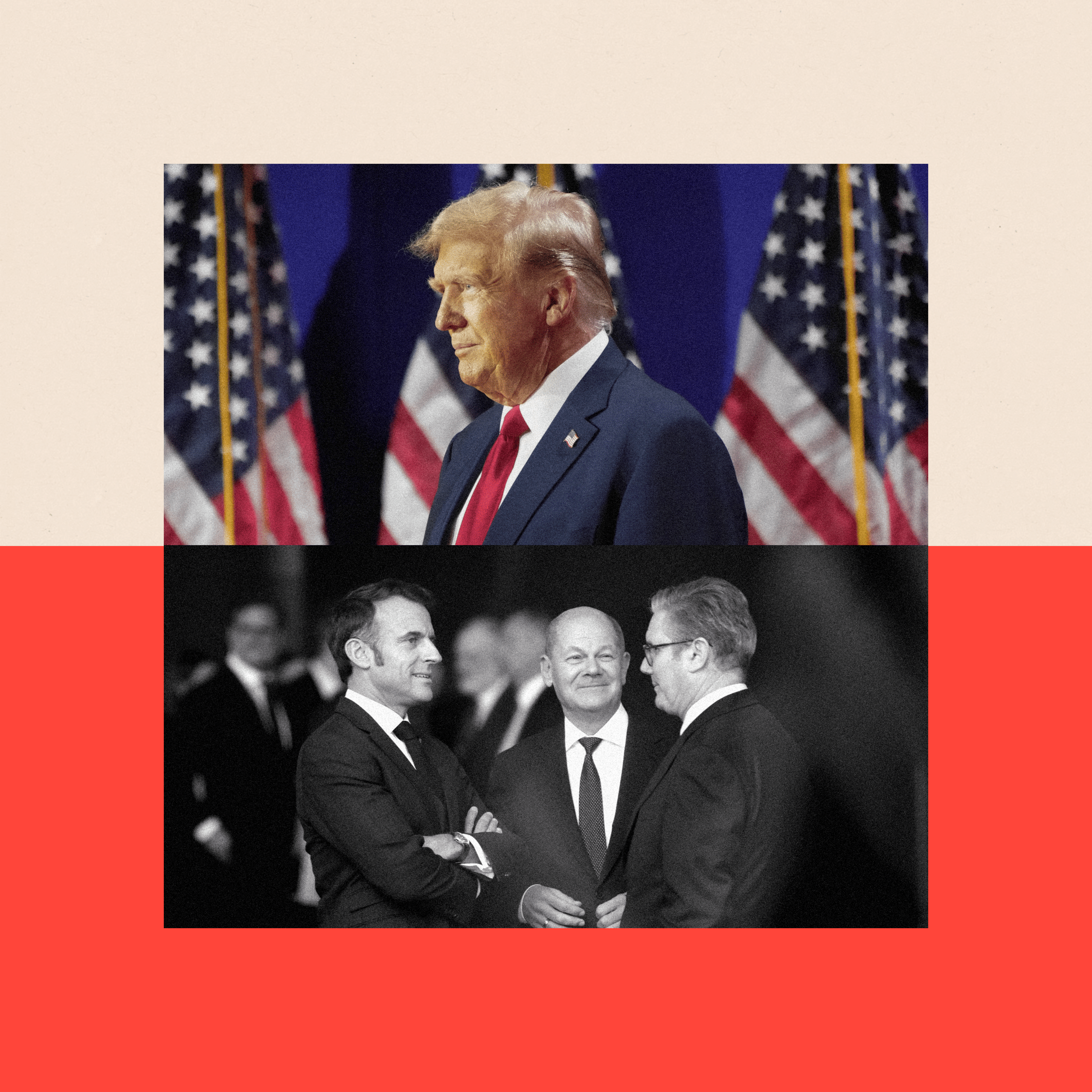 A collage featuring a side profile image of Donald Trump at the top and a group photo of Emmanuel Macron, Sir Keir Starmer, and Olaf Scholz at the bottom