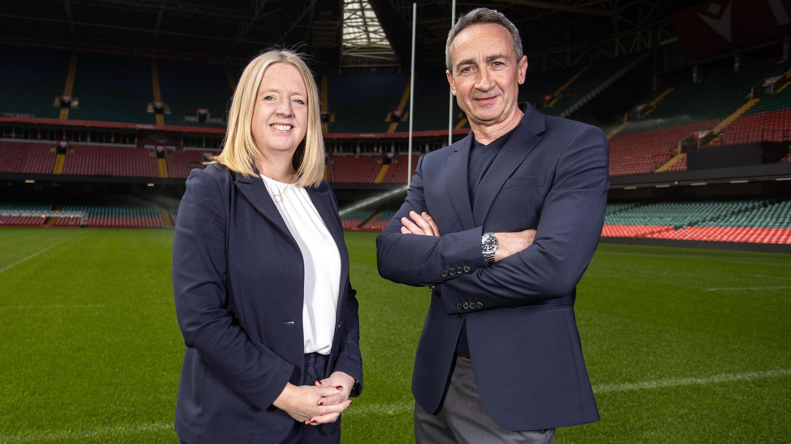 Welsh Rugby Union chief executive Abi Tierney and director of rugby and elite performance Dave Reddin pose for the cameras at Principality Stadium