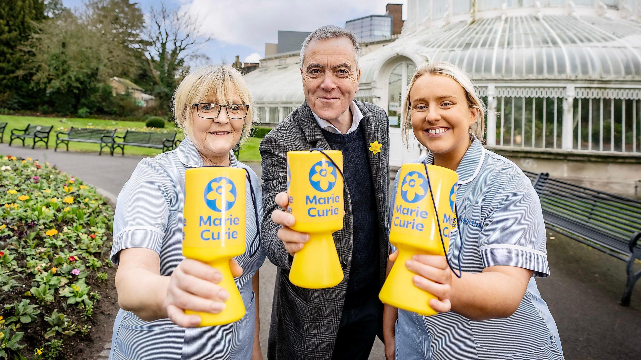 Actor James Nesbitt, with Marie Curie community nurse Joan Wilson (left) and hospice nurse Emily Jackson, helped Marie Curie launch its annual fundraising drive last month