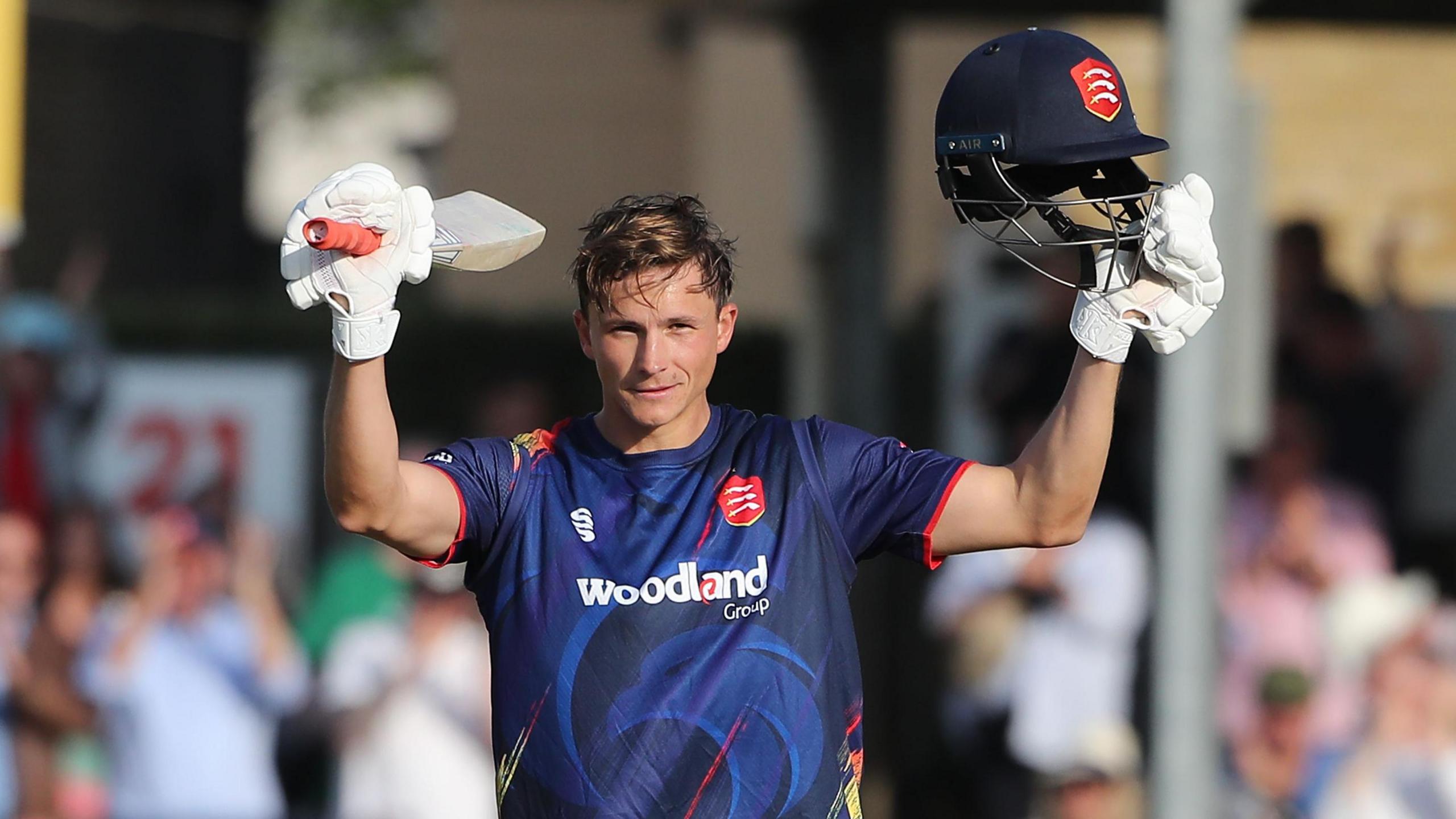 Michael Pepper celebrates his century against Middlesex