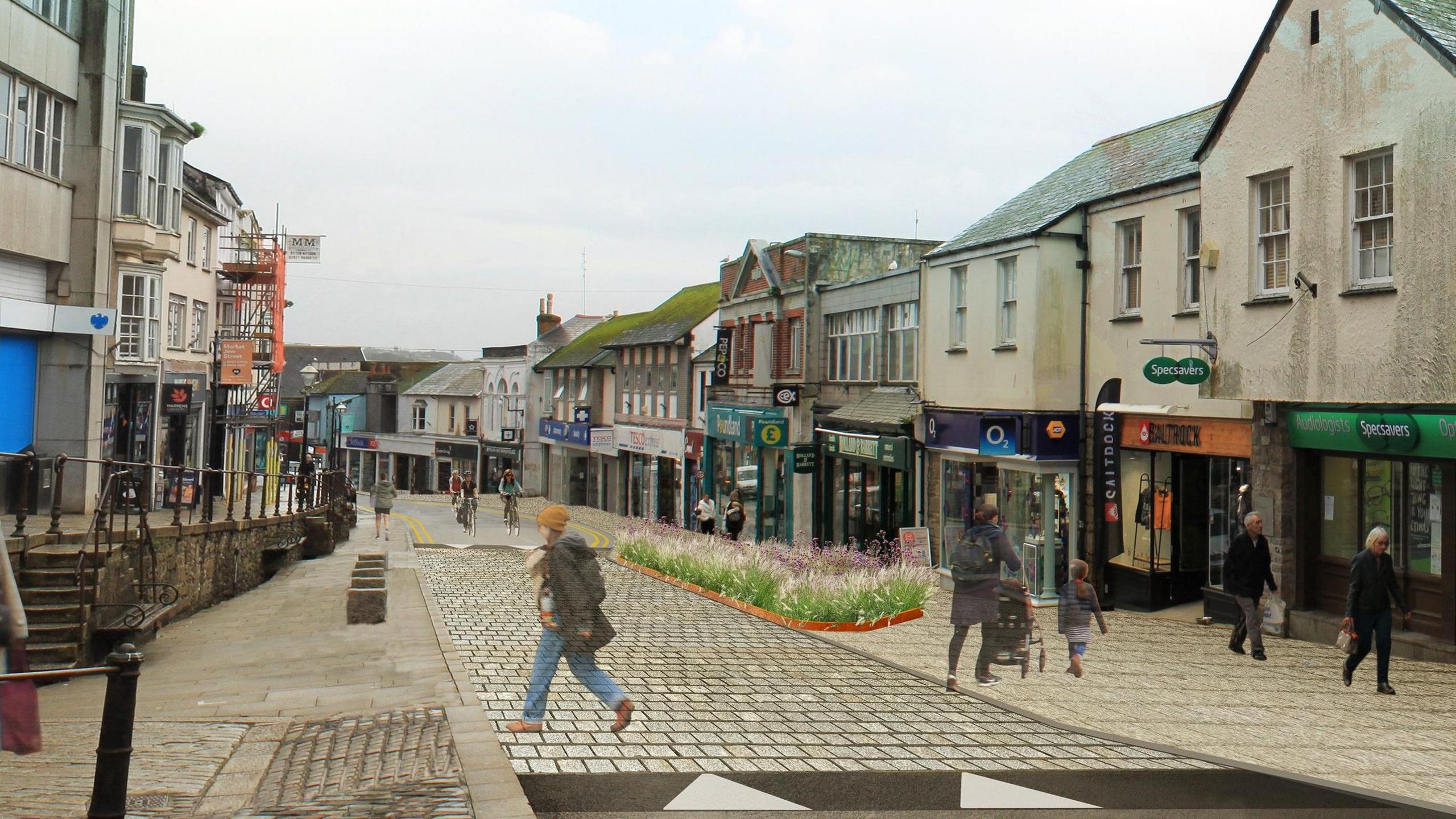 An artist's impression of Market Jew Street, which has a number of shops on the left and right hand side with a cobbled road down the middle, it also has impressions of people walking along