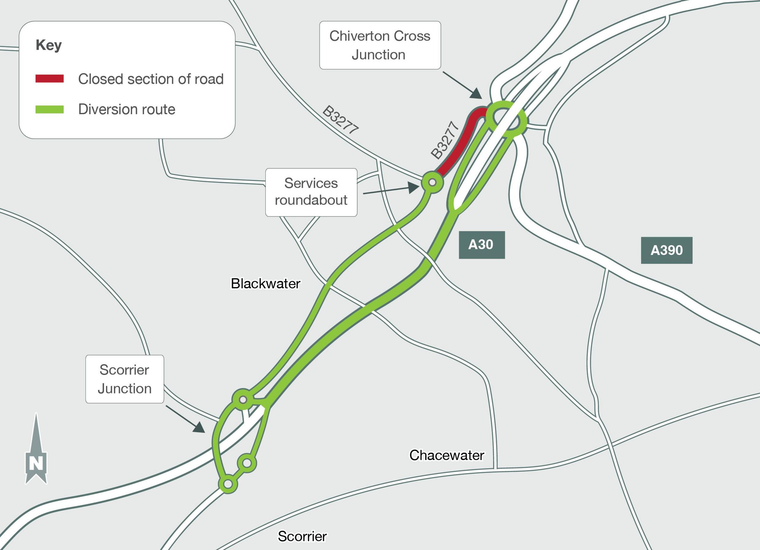 A map showing the diversion route marked in green