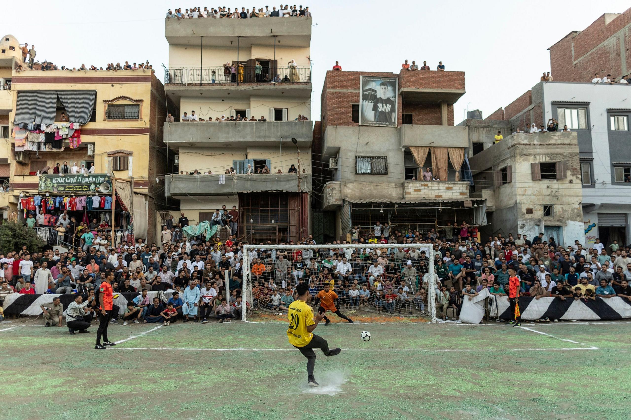 An Al-Ghaba player takes a penalty during the final of the Al-Qudah tournament against Al-Numan in Egypt
