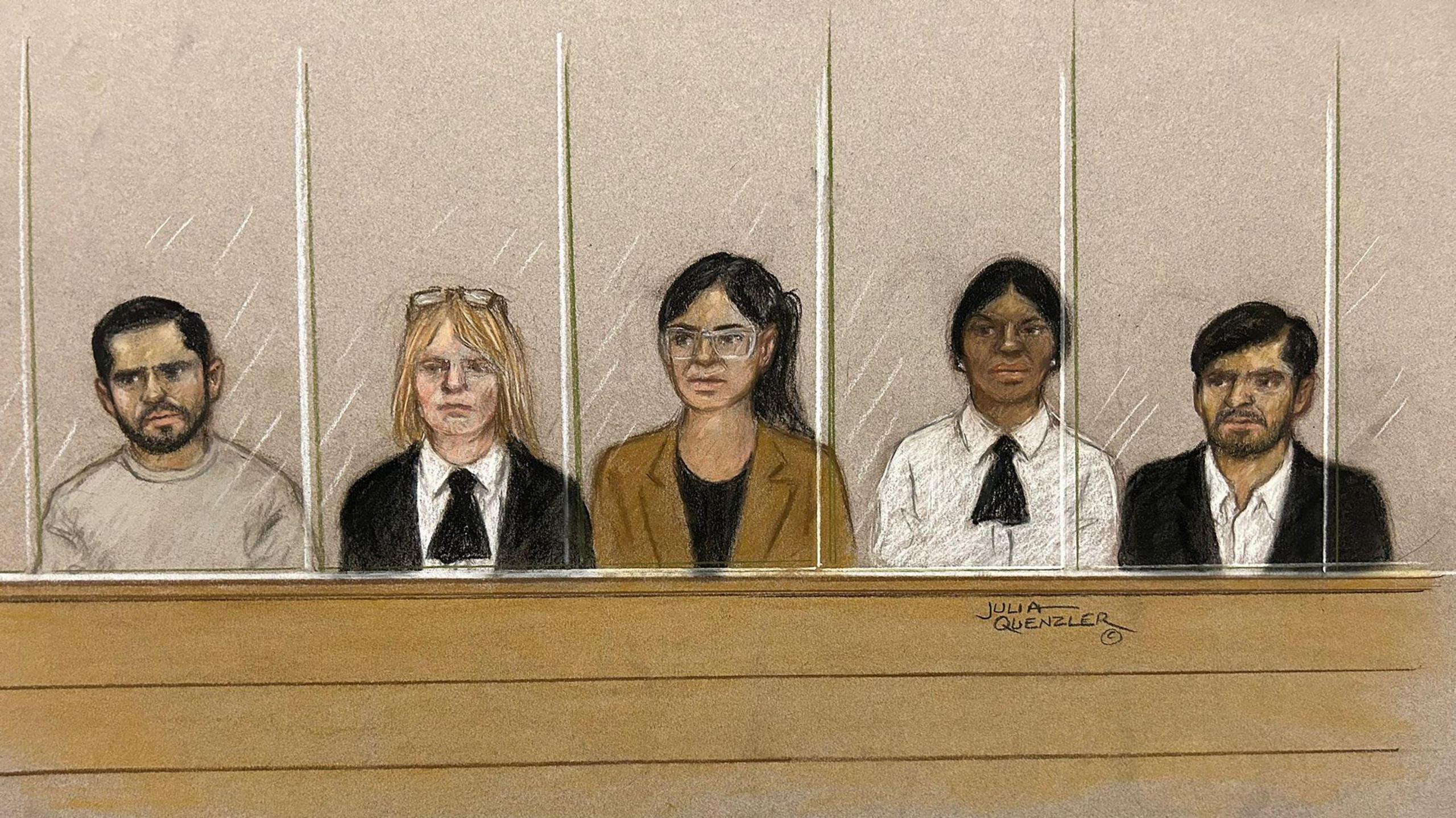 A court drawing of five people - from left, Faisal Malik, a dock officer, Beinash Batool, a dock officer and Urfan Sharif, sitting behind a clear screen at the Old Bailey