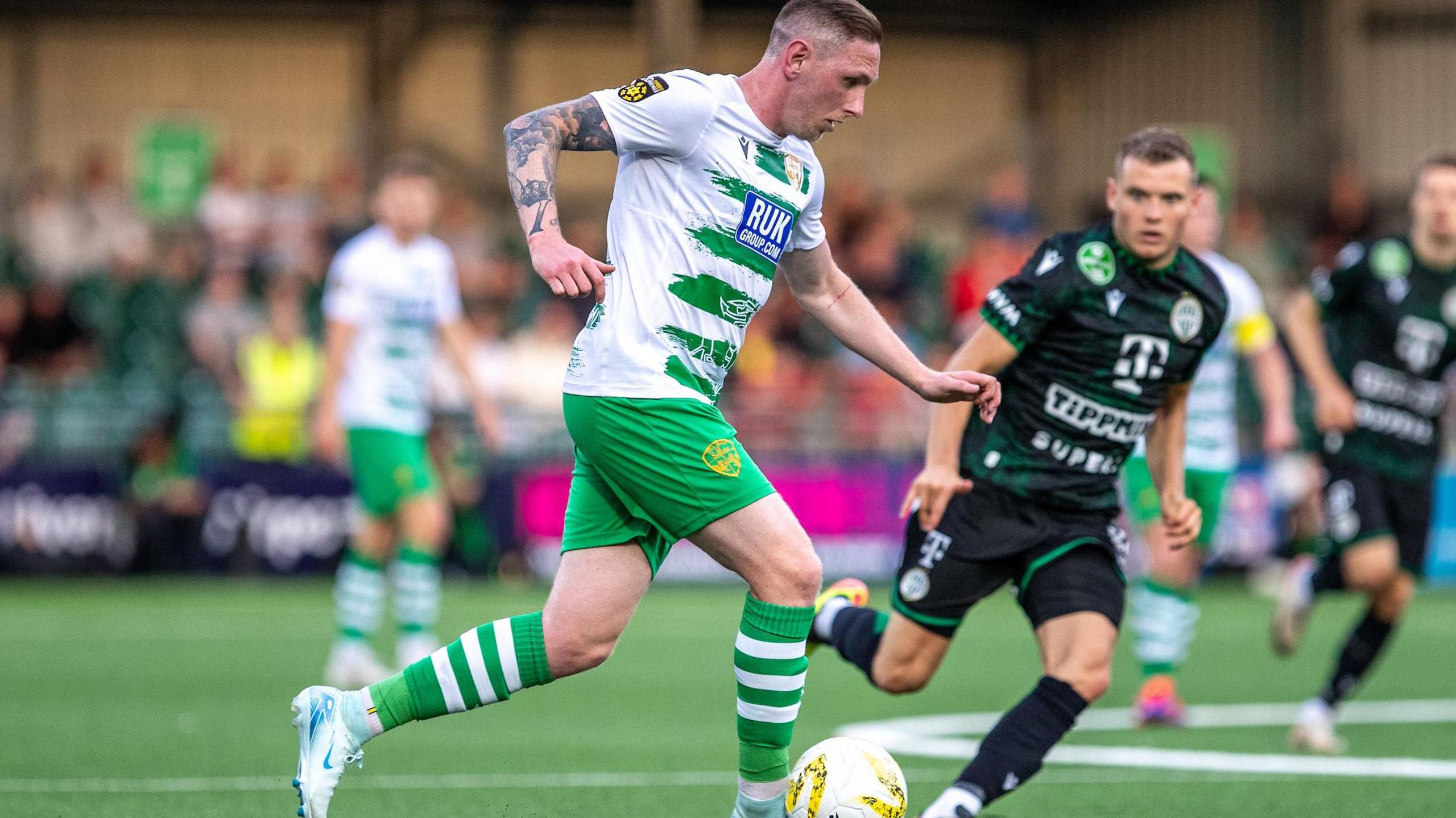 New Saints striker Declan McManus in action against Ferencvaros