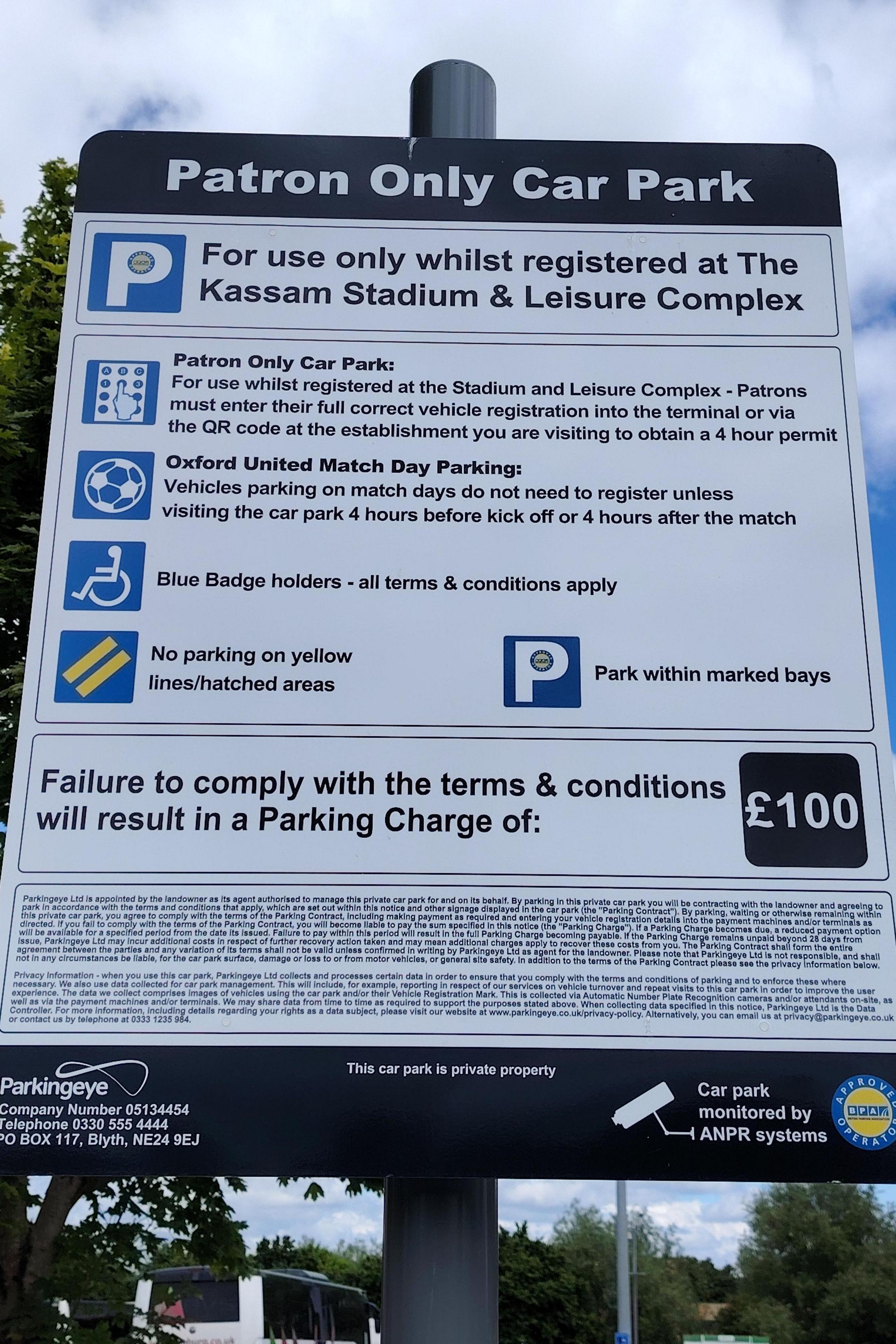 New parking restrictions sign in Kassam Stadium car park