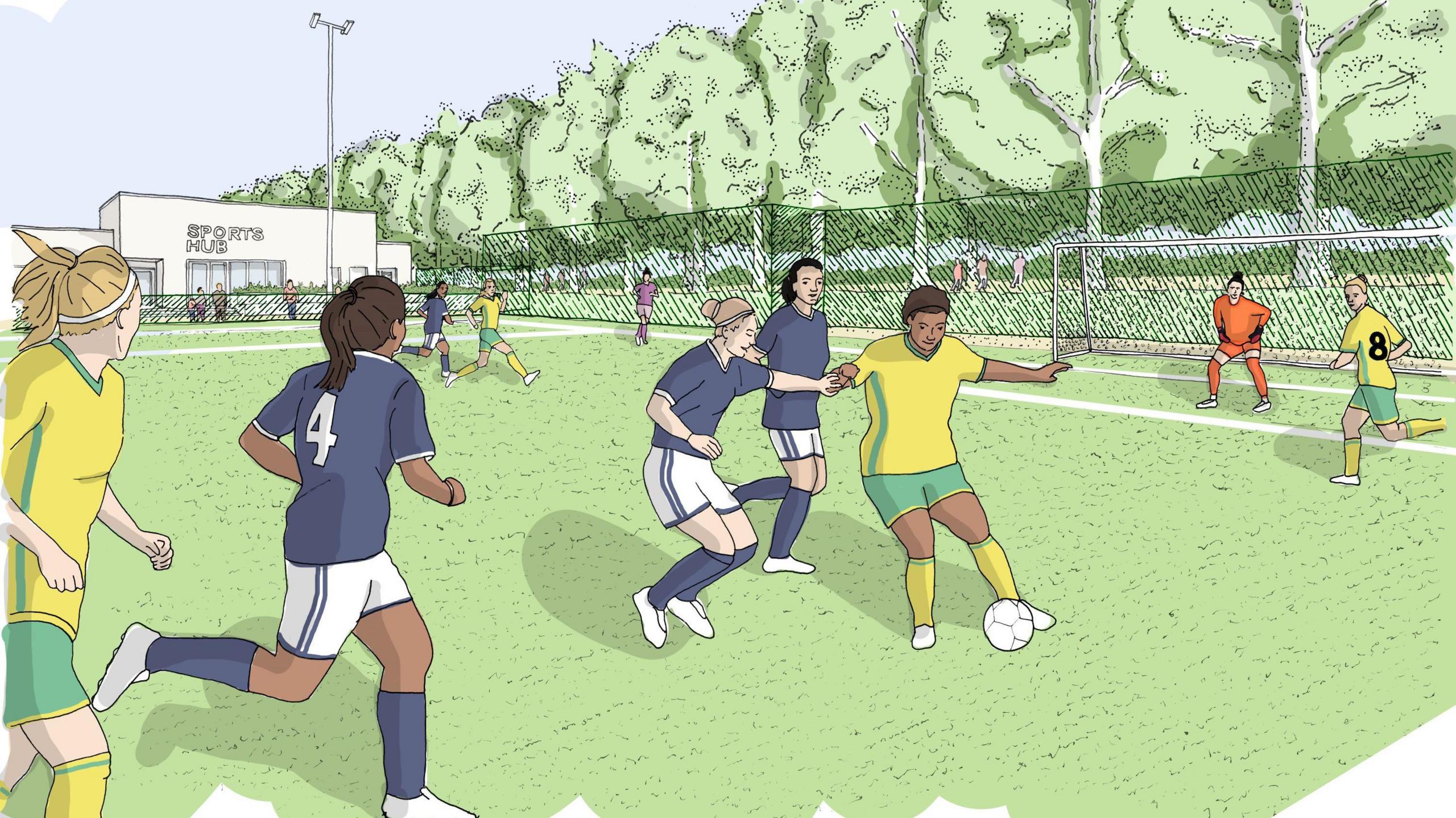 A cartoon image of people playing football on a pitch. They are wearing uniform
