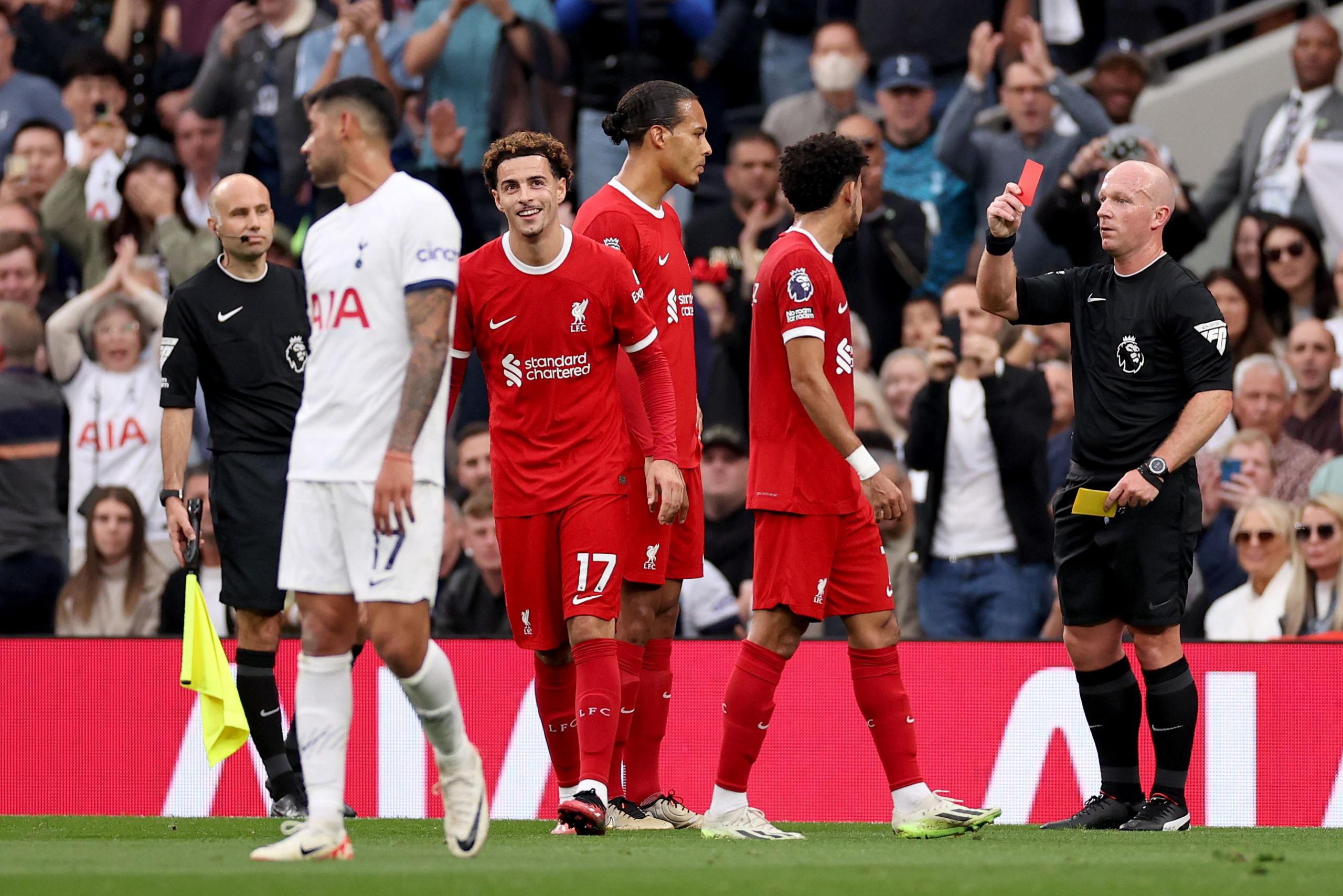 Curtis Jones receives a red card against Tottenham