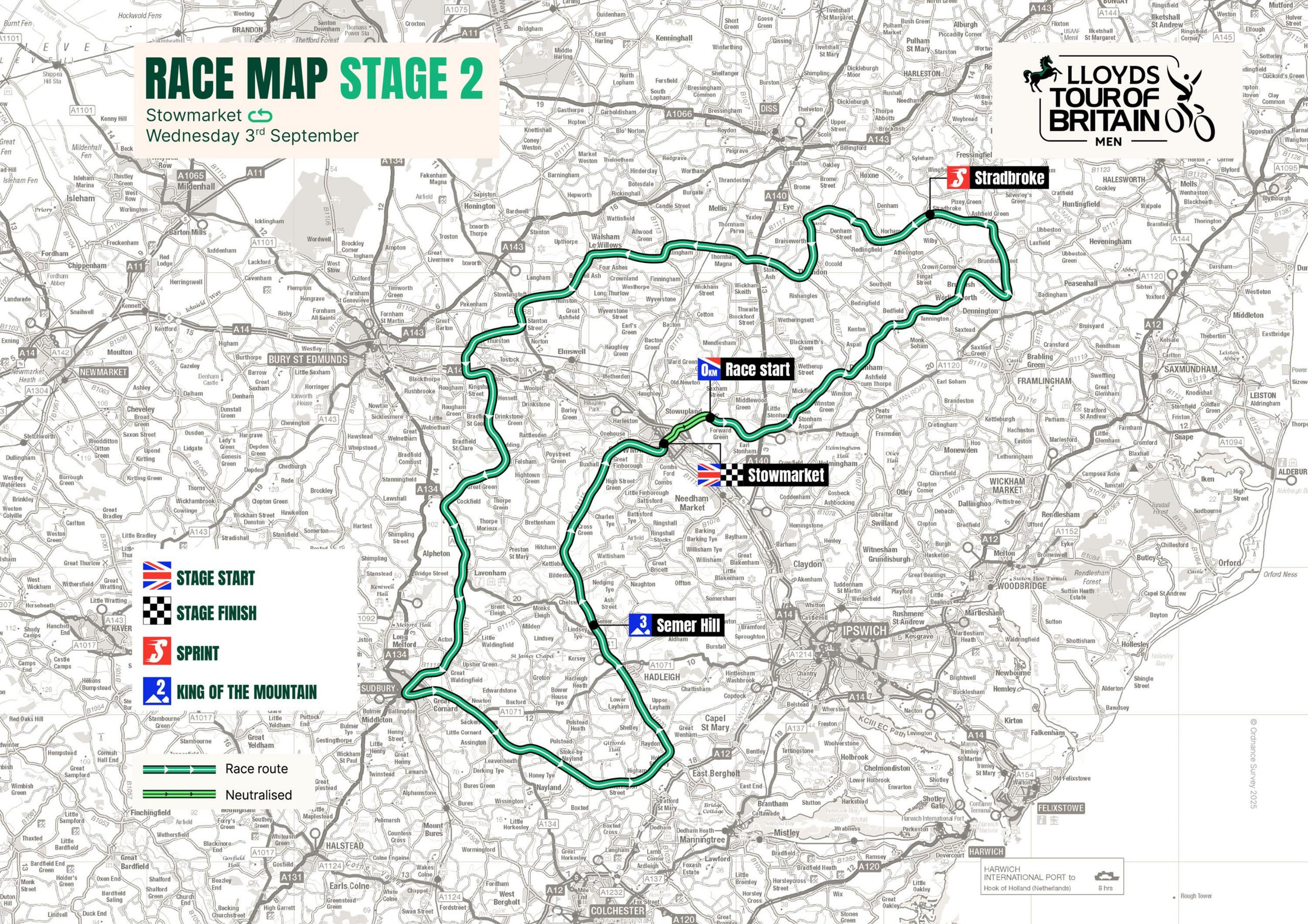 A map of Mid Suffolk and Babergh districts with a green line showing the route the bike riders will take during the race. 