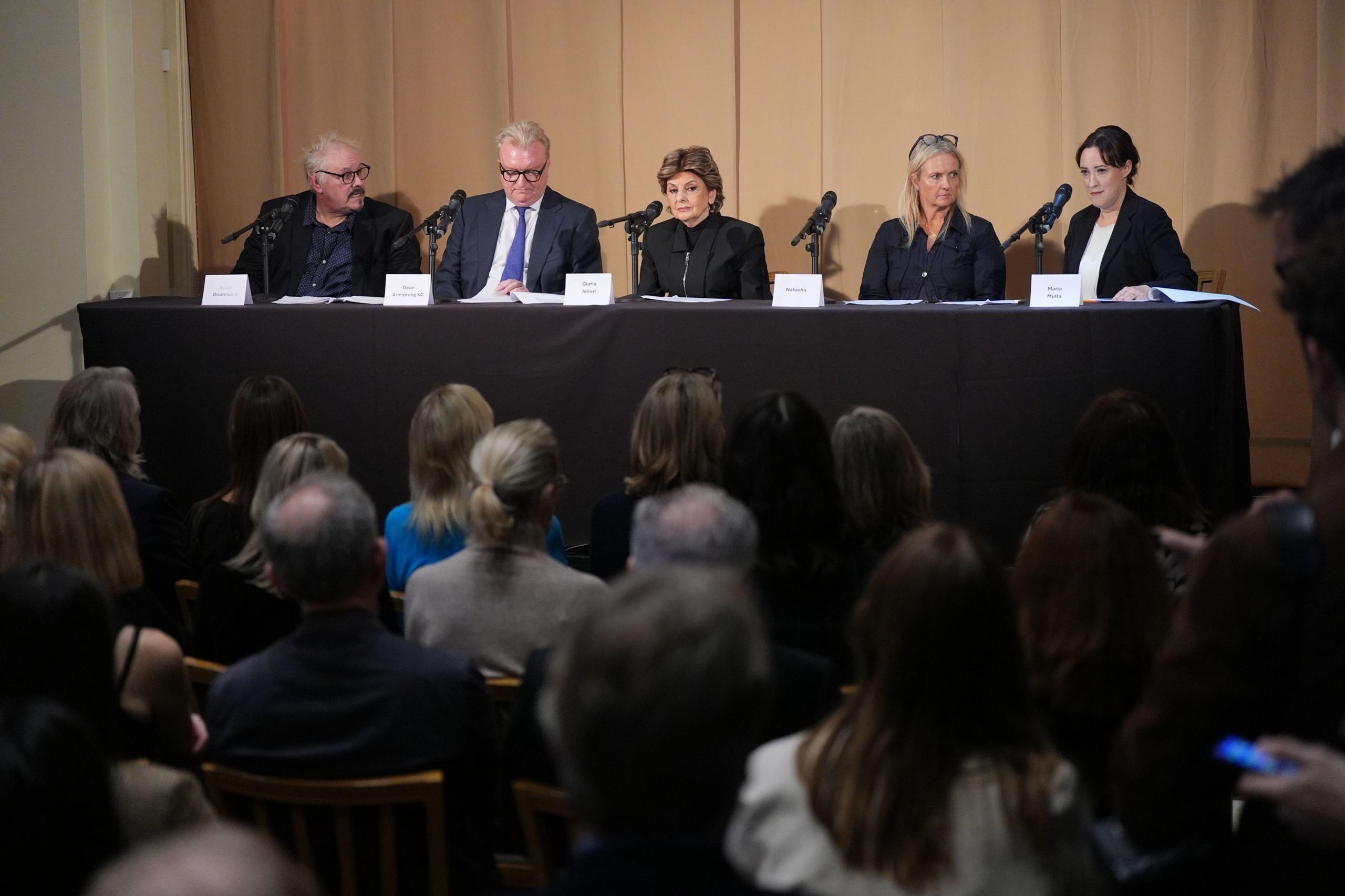 The legal team representing 37 women, and Natacha - second from right - who told the press conference Fayed attacked her.