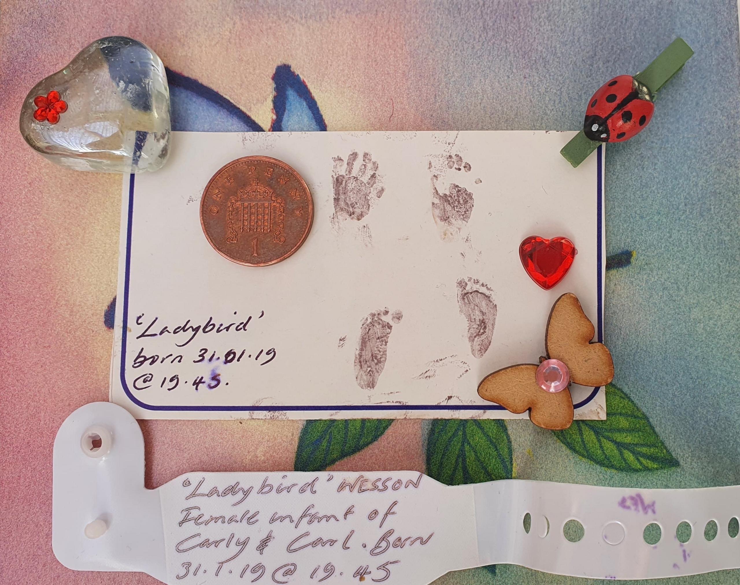 A note has the words 'Ladybird born 31.01.19 @19:45' written in pen. A one pence coin is stuck on the paper. To the right of it there are small hand and feet prints. There is a clear heart to the left and a ladybird peg attached to the right corner. There is a butterfly and a red heart too. Below the note is a hospital wrist band which says: "Ladybird" Wesson, female infant of Carly and Carl. Born 31.1.19 @19:45