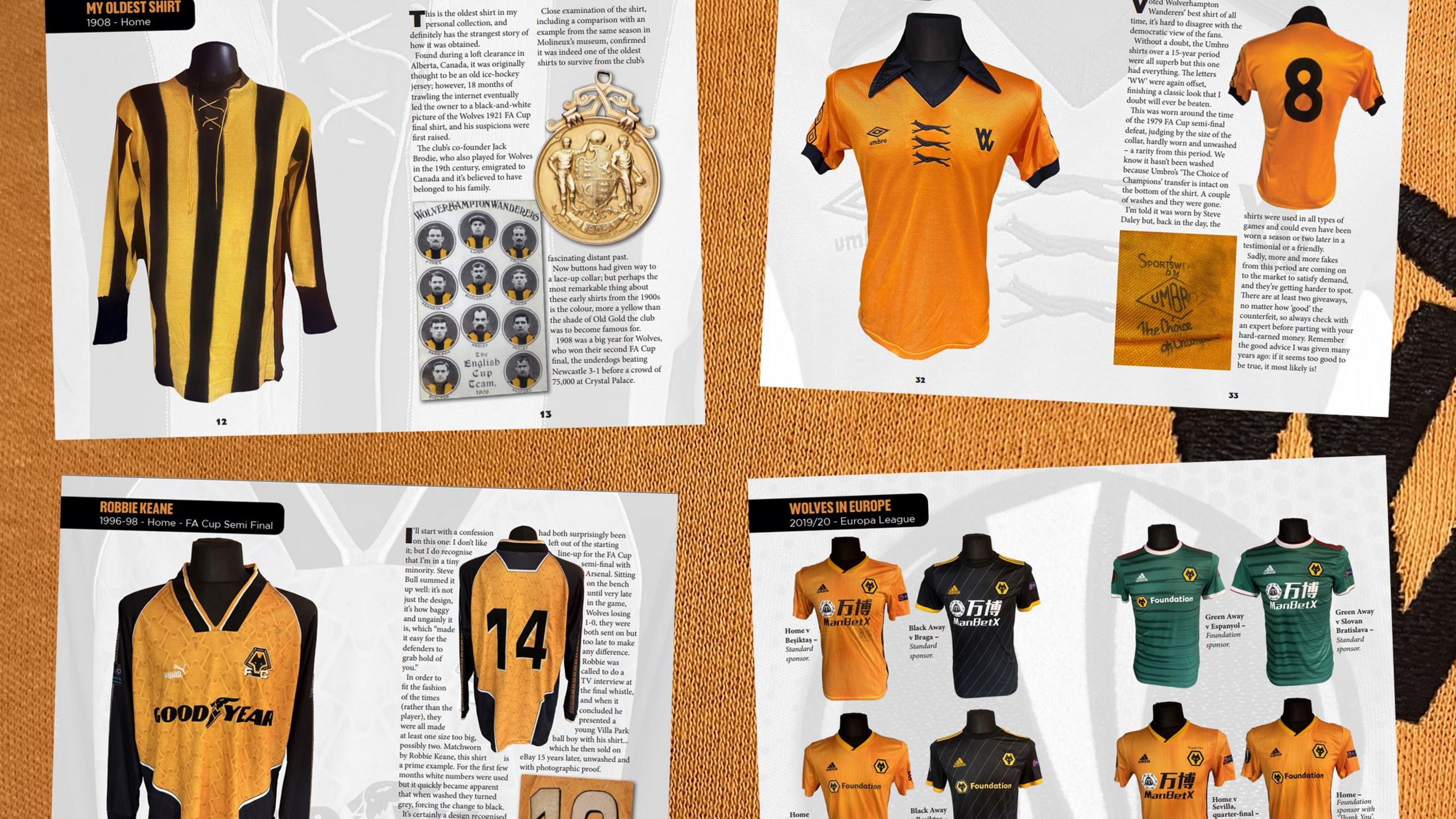 Pages from a football shirt book called Old Gold and Black. Four pages are shown with 14 shirts from different eras and accompanying text.