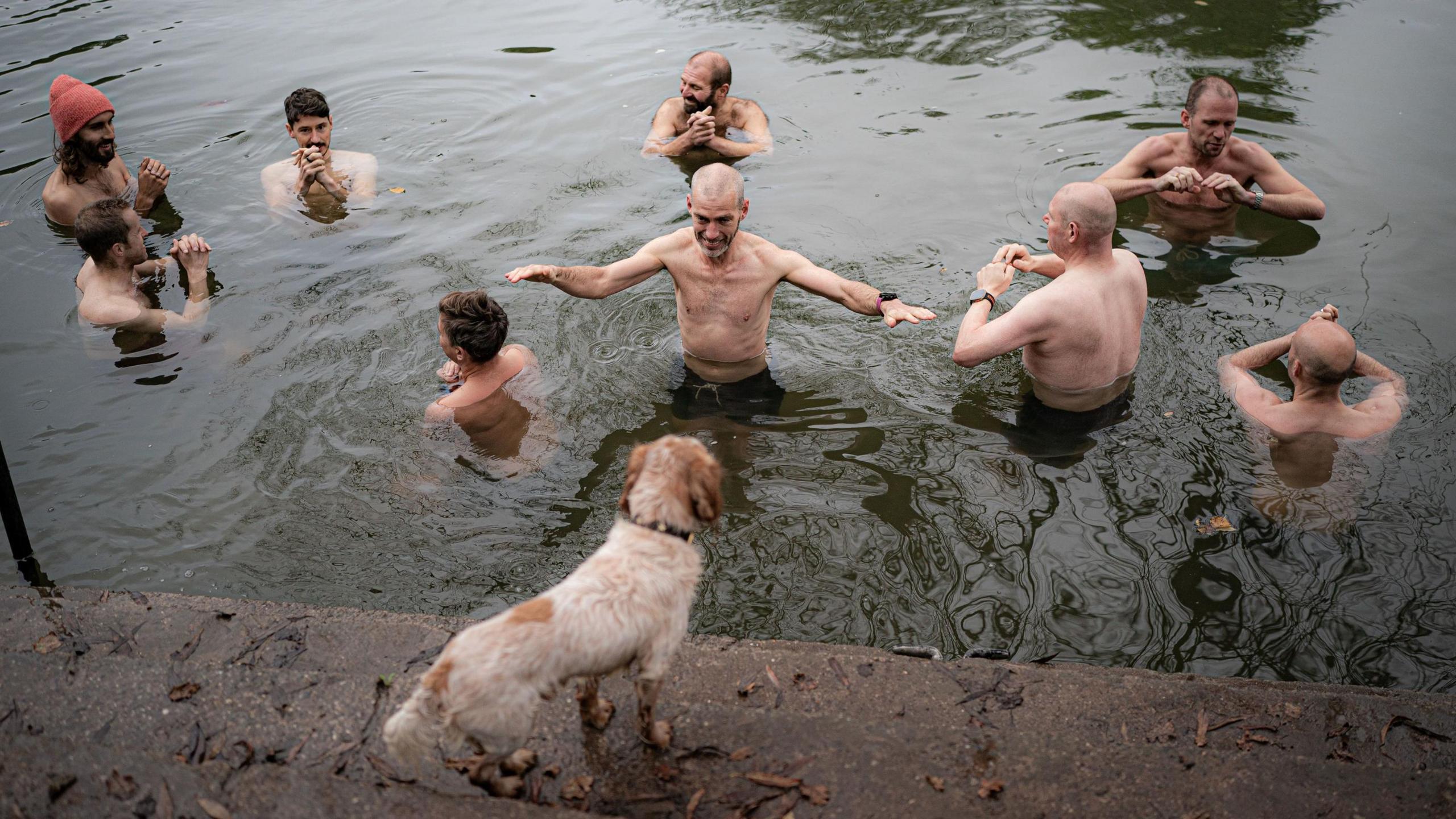 A group of men standing in cold river water, with one man holding his arms outstretched, smiling at a dog stood on nearby steps.