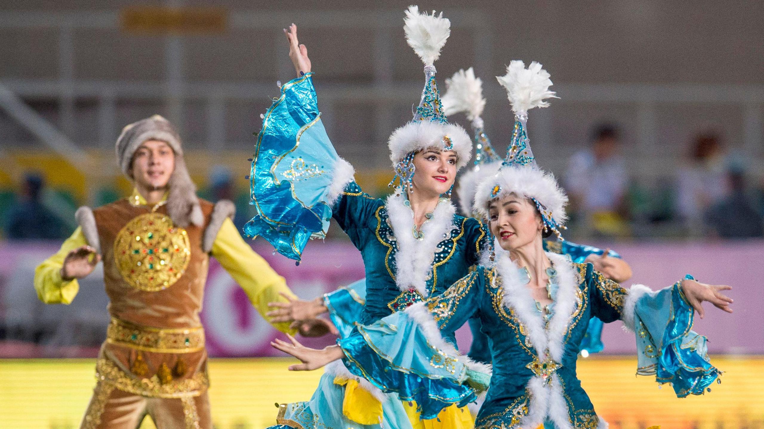 Kazakhstani dancers perform pre-match