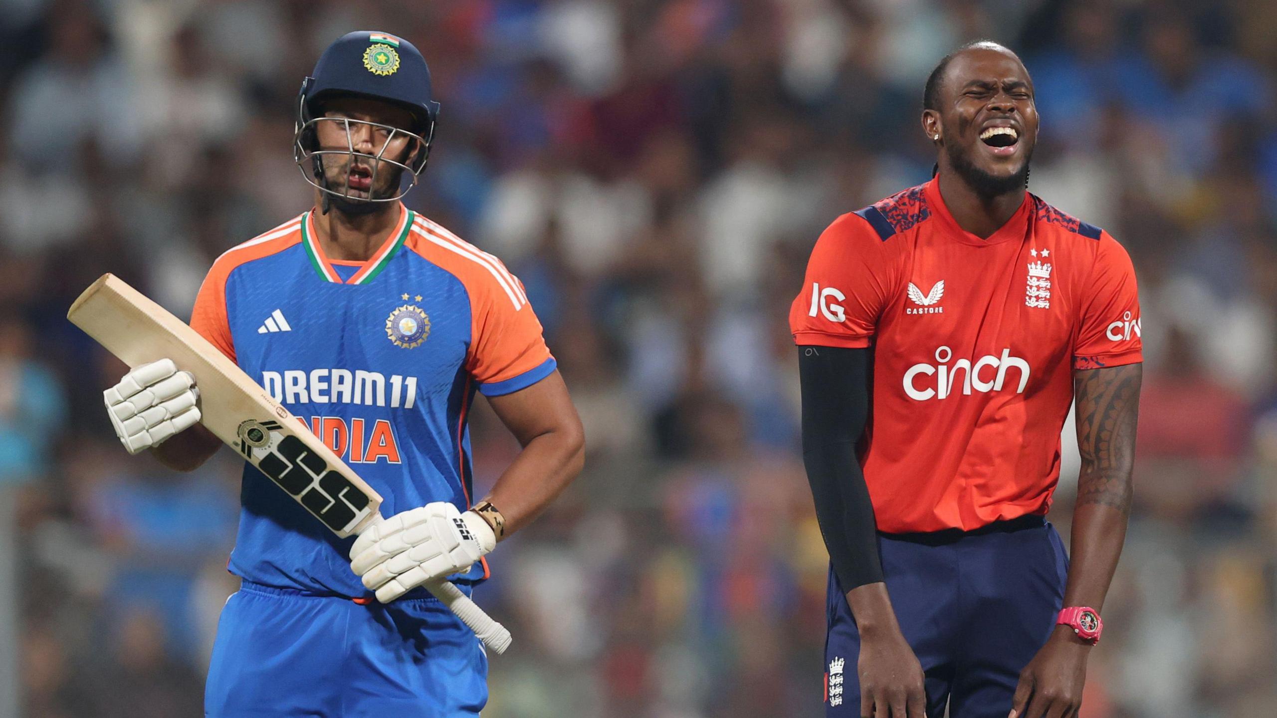 India batter Shivam Dube and England bowler Jofra Archer in 2025