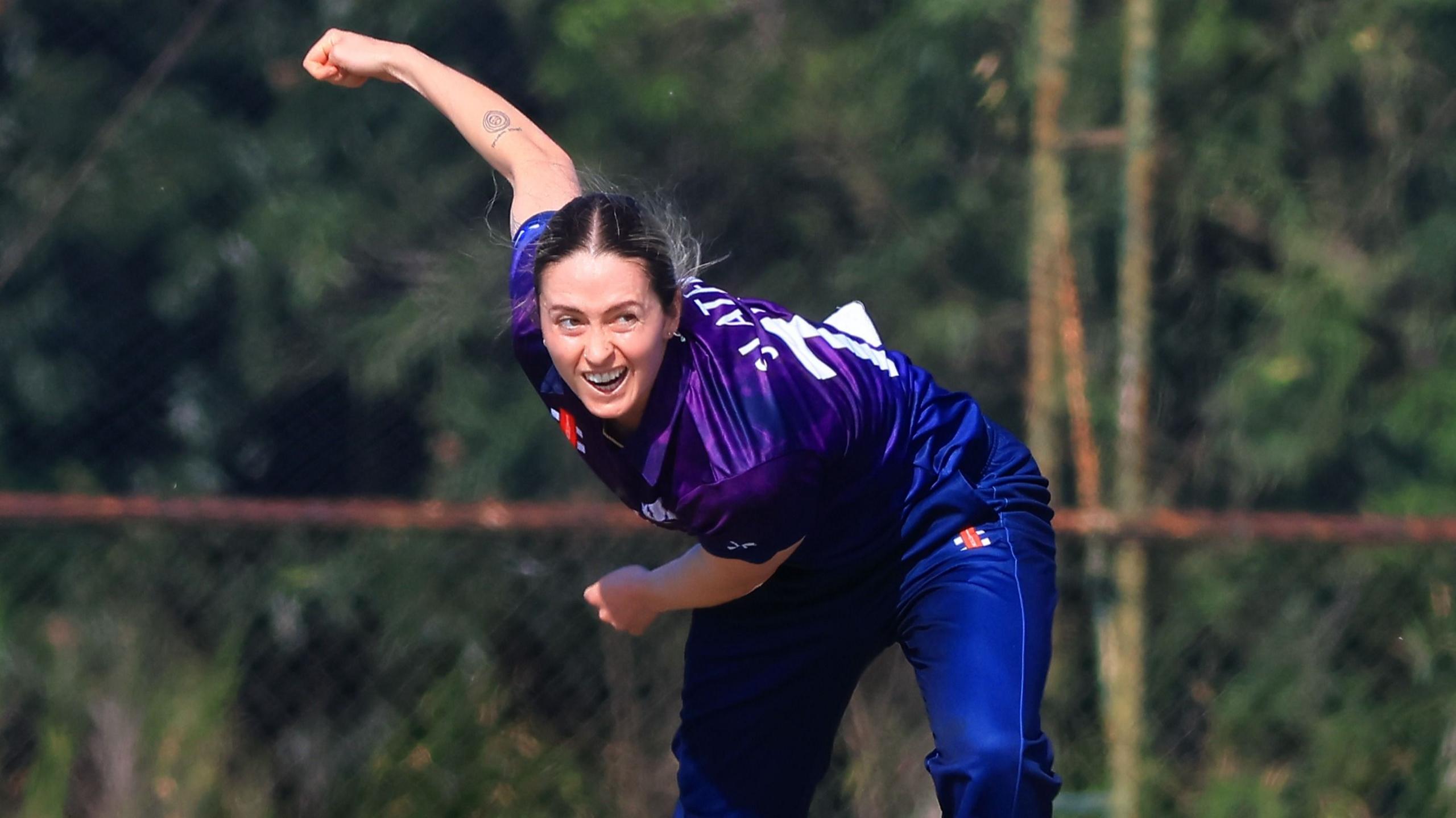 Rachel Slater bowling for Scotland against Thailand