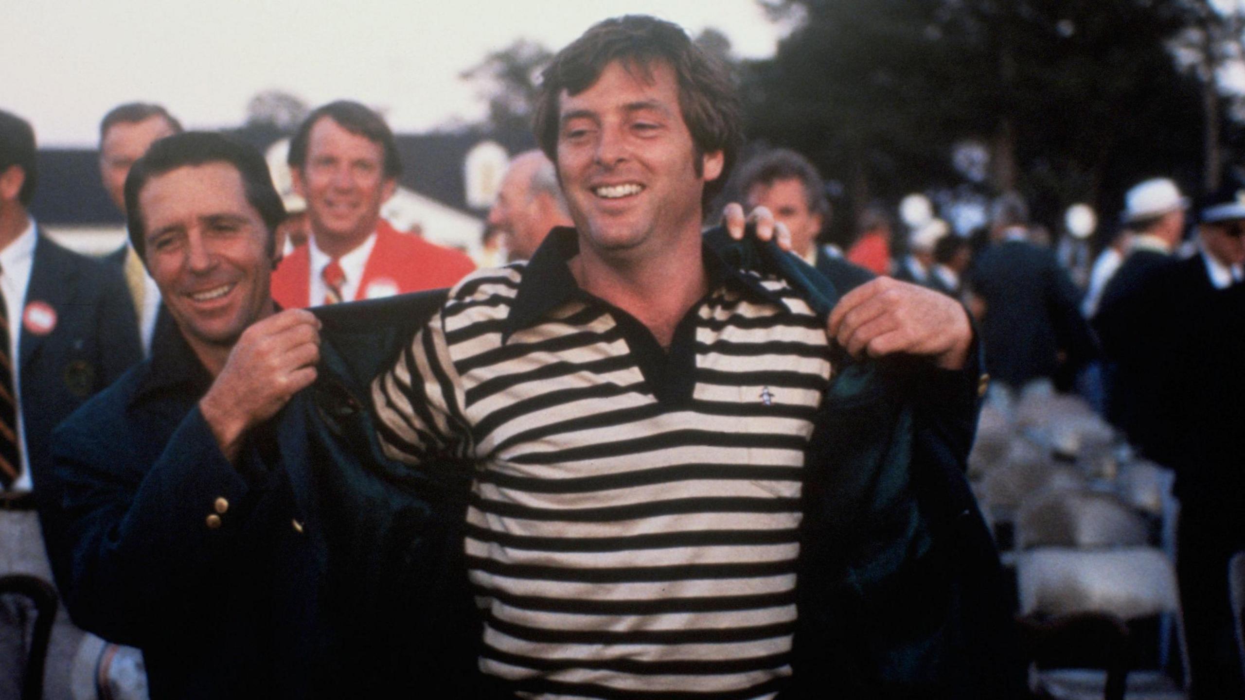Fuzzy Zoeller dons the Green Jacket after winning the Masters in 1979