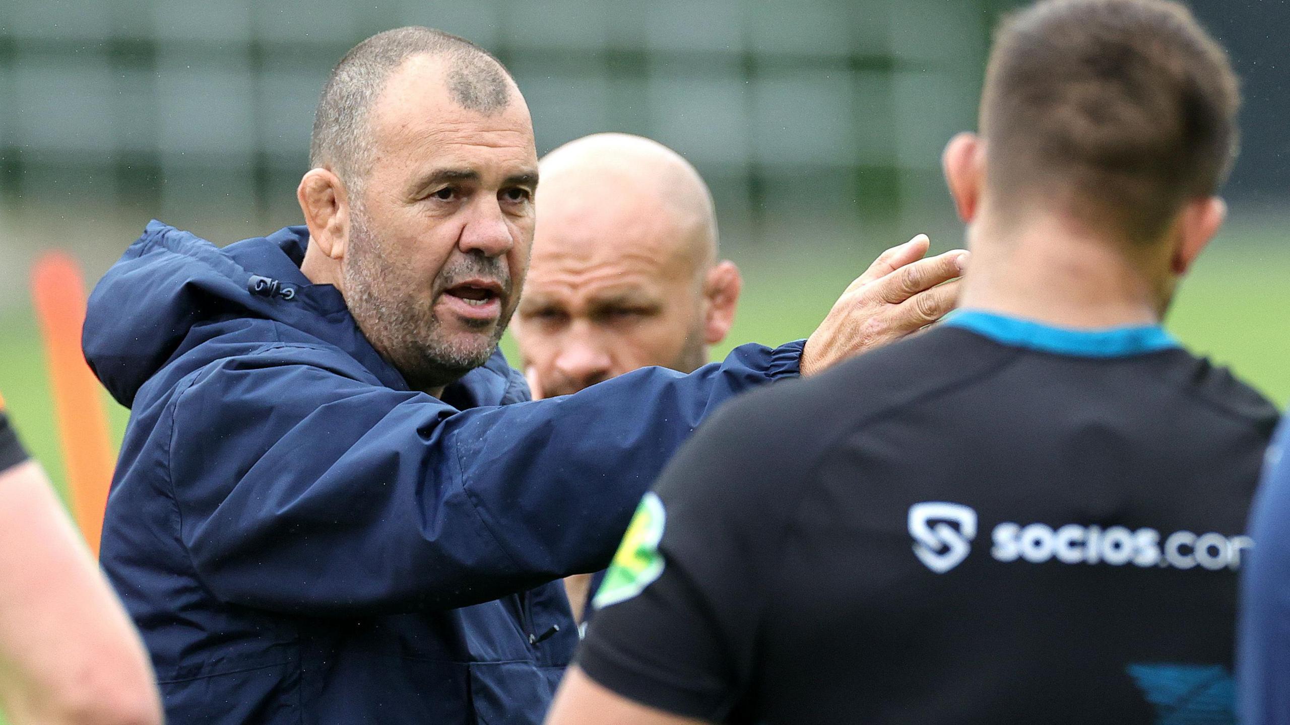 Leicester Tigers head coach Michael Cheika gives instructions during a training session