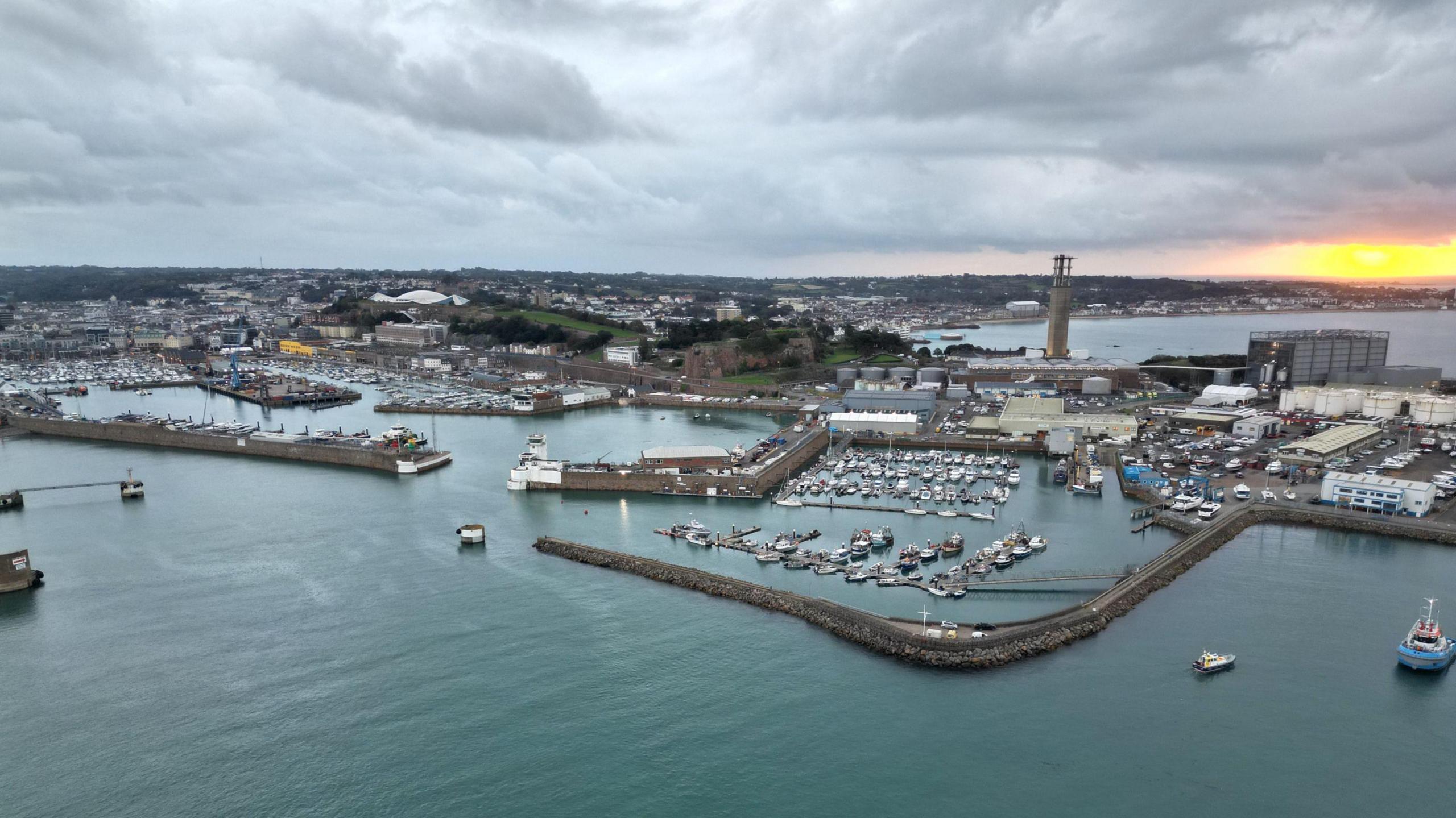 Jersey harbour and seafront seen from a drone