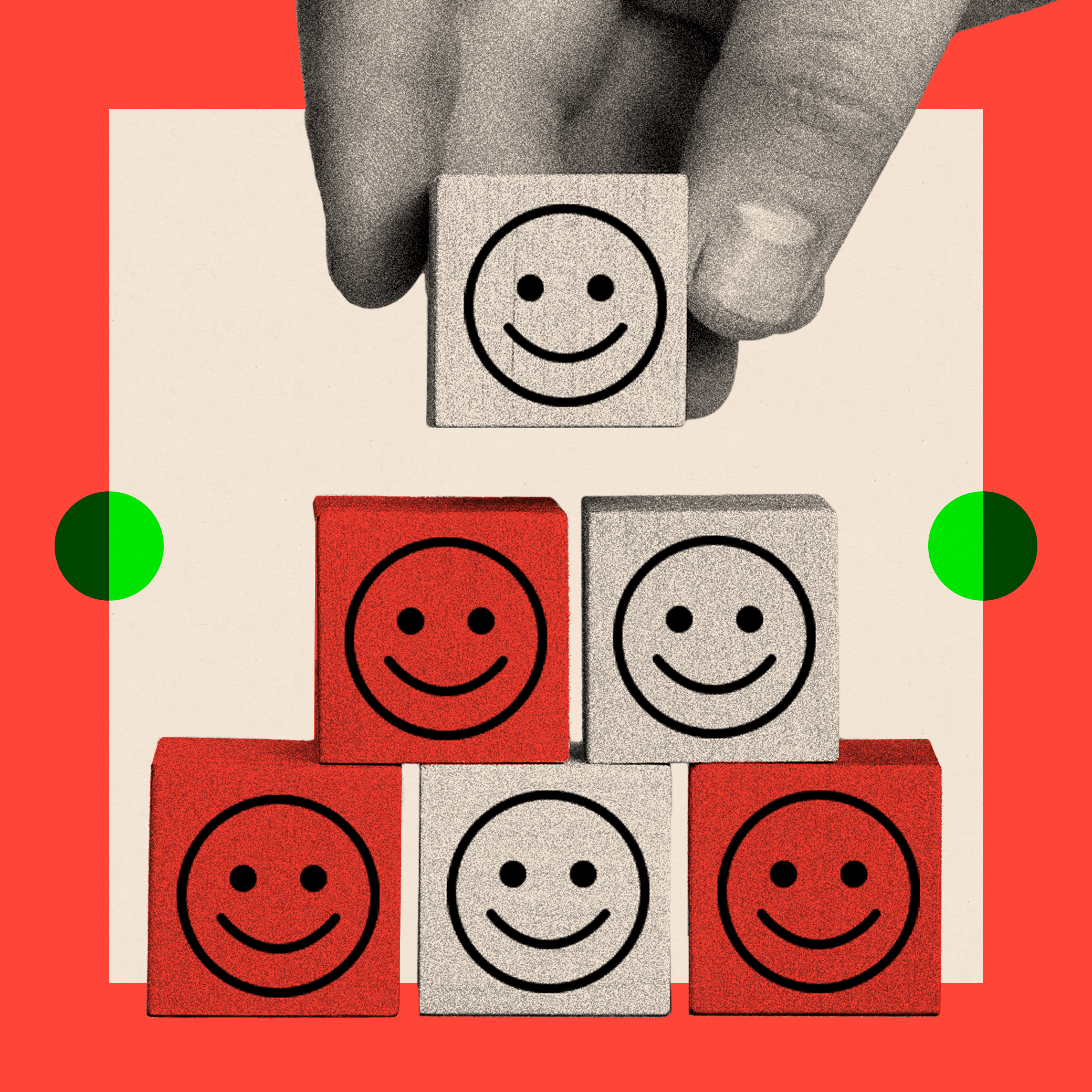 A treated image shows a tower of wooden blocks with smiley faces on them