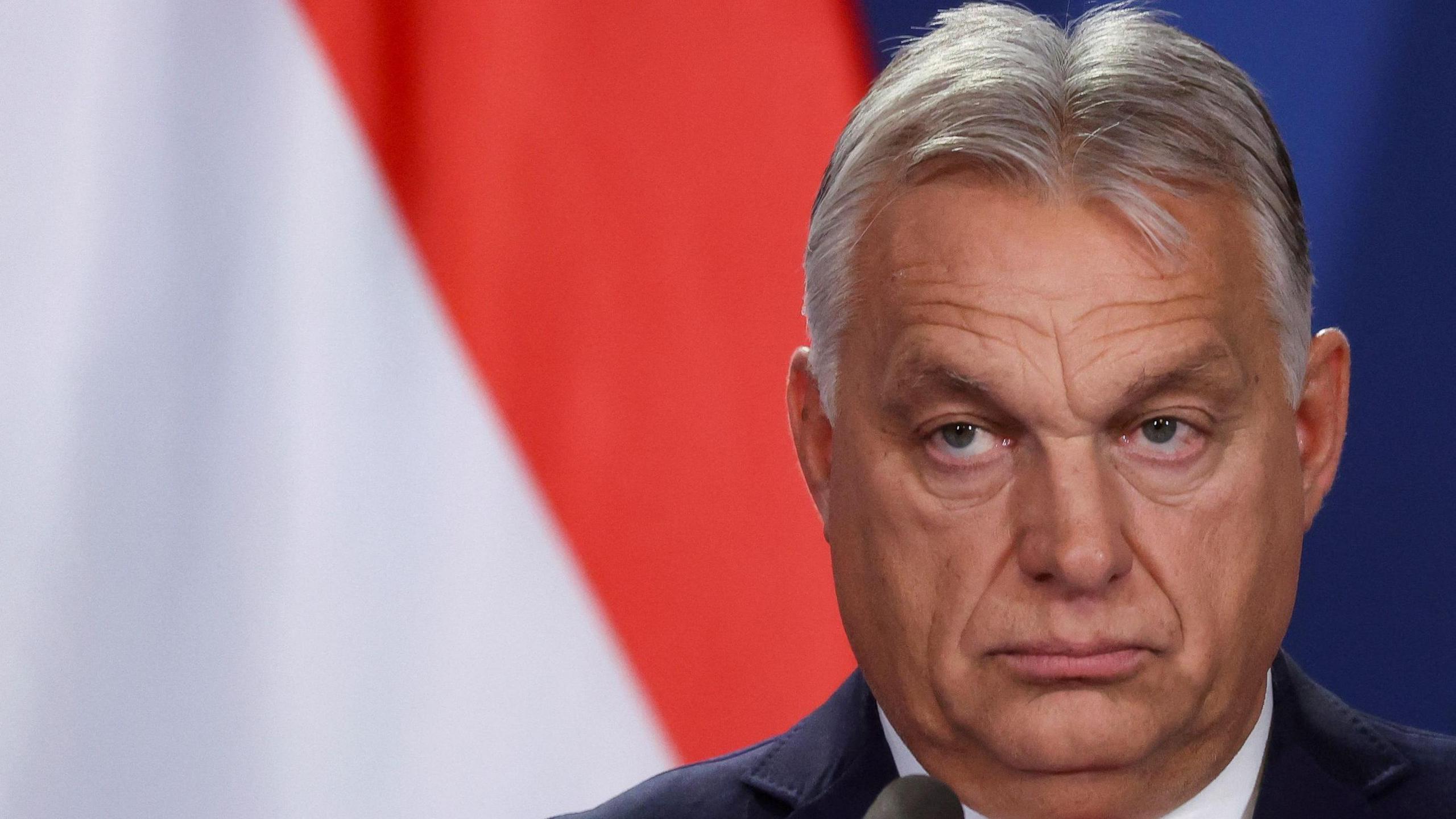 Hungarian Prime Minister Viktor Orban stood in front of a microphone. He is wearing a dark navy blazer and white shirt. He has short white hair and light-coloured eyes.