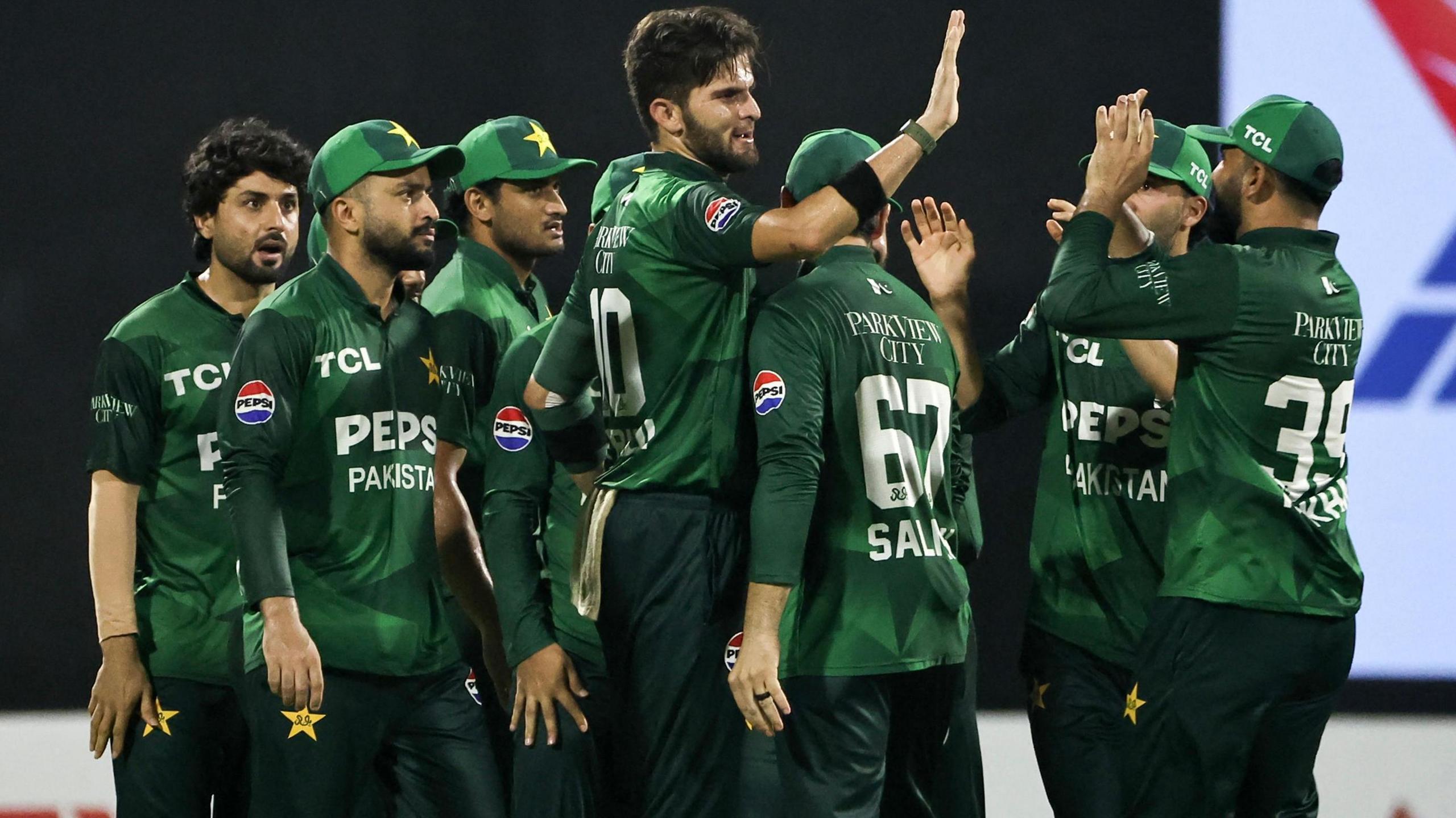 Pakistan celebrate a wicket by Shaheen Afridi (centre) in the tri-series final