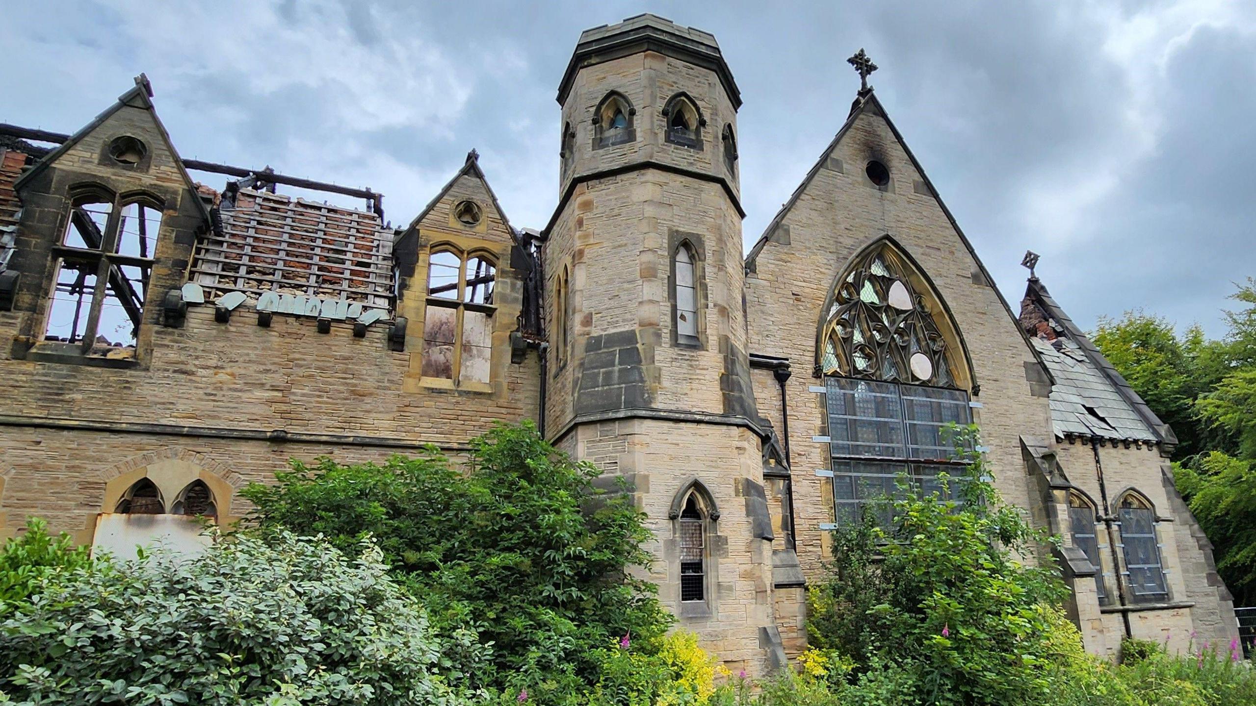 An outside view of the fire damaged remains of the Grade II* listed St Aloysius Chapel