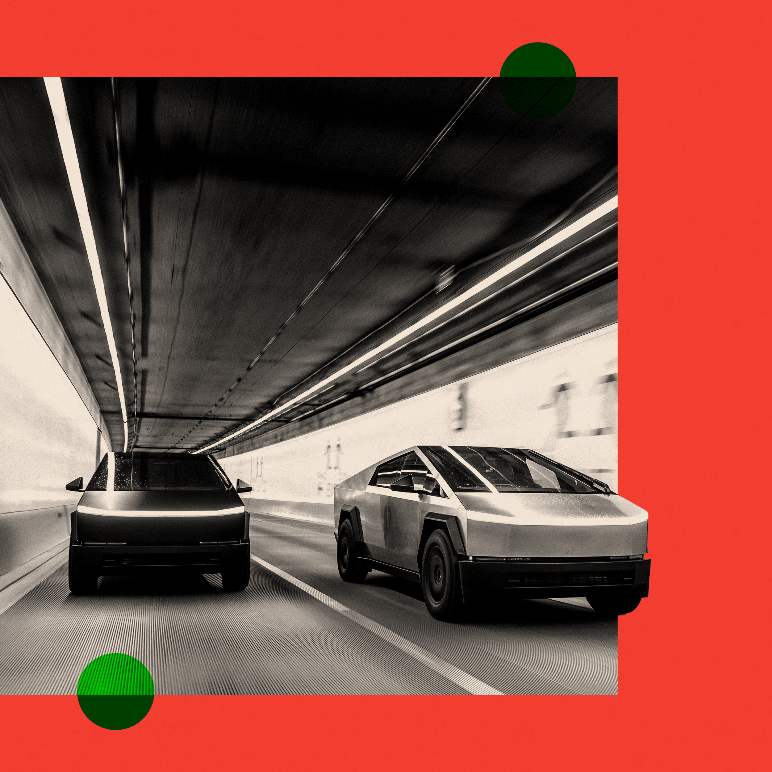 A black-and-white image of two Tesla Cybertrucks driving on a highway