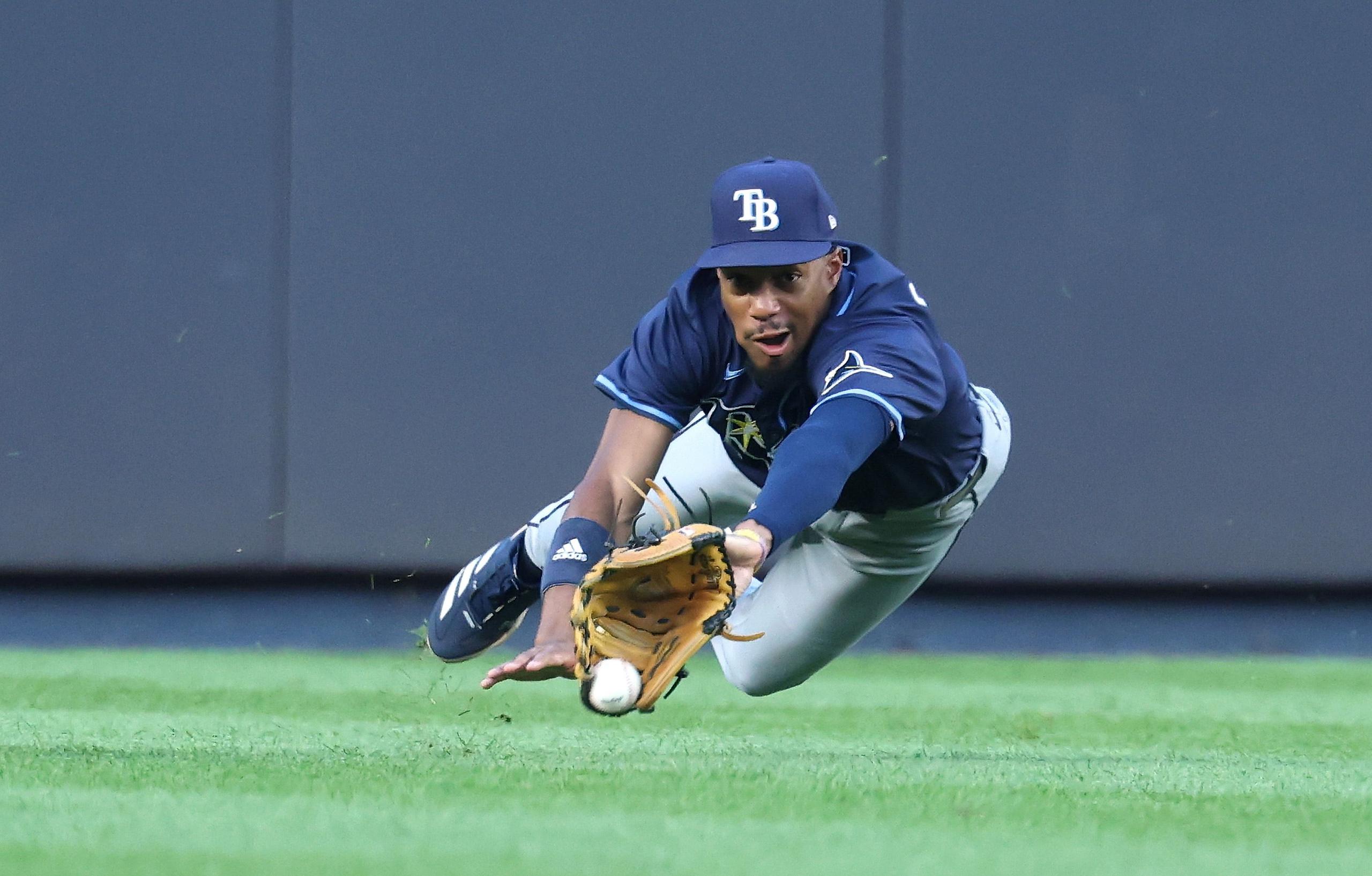 Tampa Bay Rays' Chandler Simpson makes a catch against a hit by New York Yankees' Cody Bellinger during their game at Yankee Stadium in New York City. Photo by Al Bello