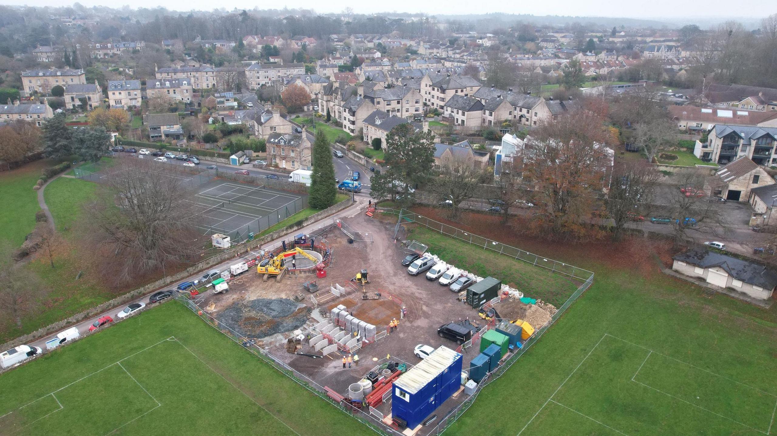 Aerial view of roadworks near field 