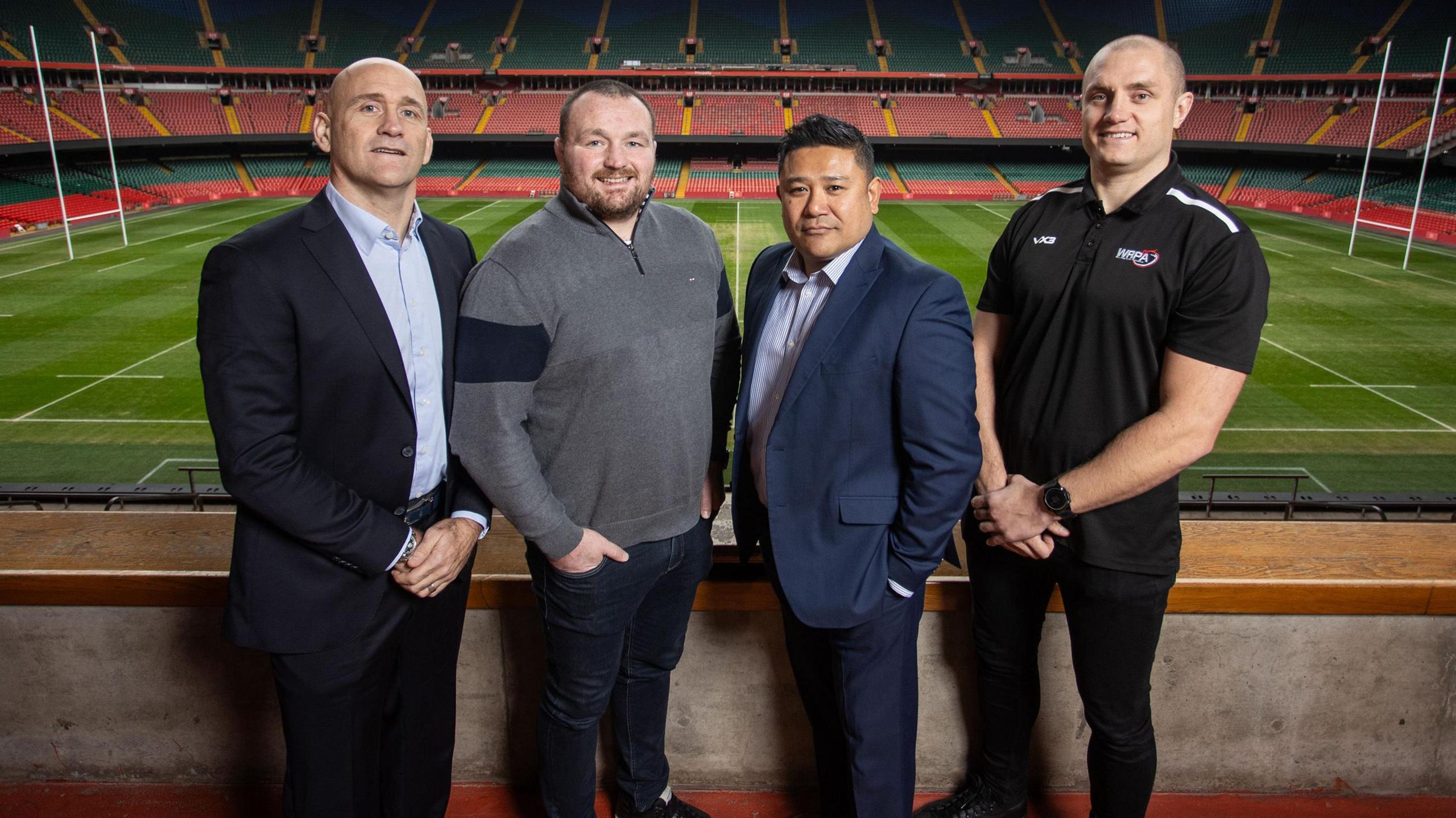 World Rugby chief medical officer Prof Eanna Falvey, former Wales captain Ken Owens, WRU medical services manager Prav Mathema, WRPA player welfare and membership manager James King