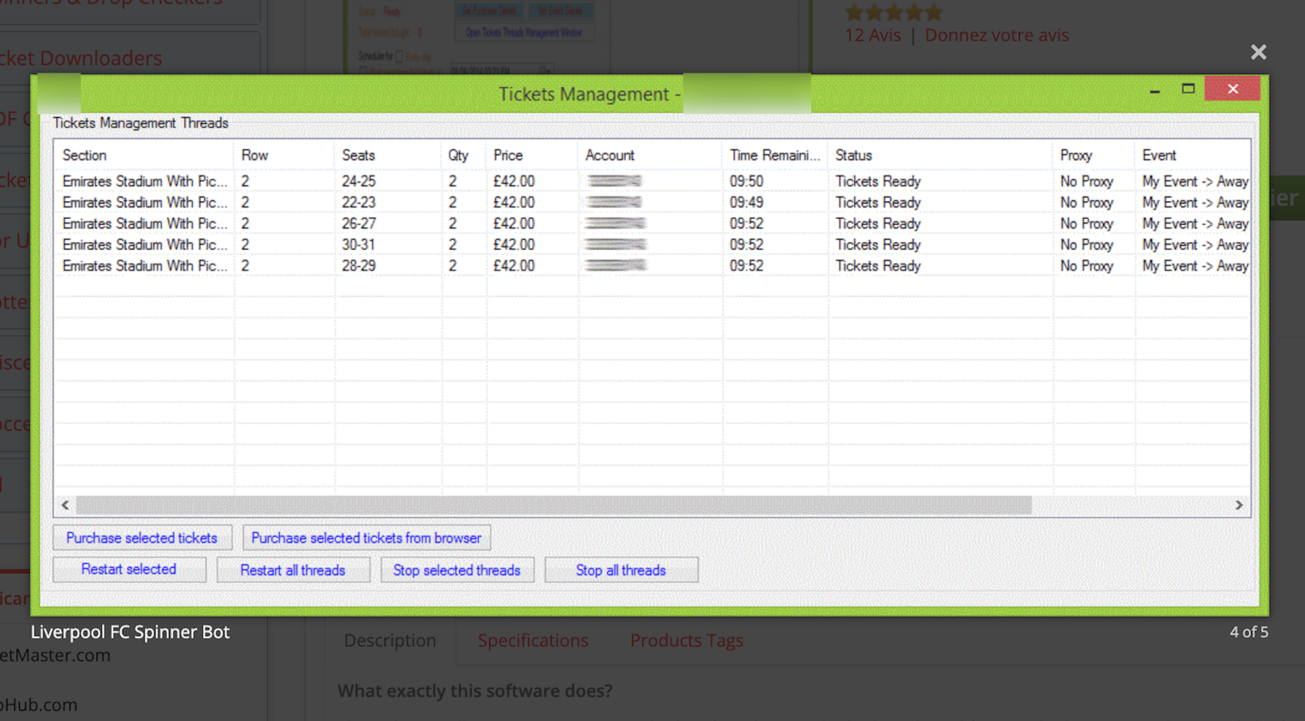 A screenshot of the bot software appearing to list 12 purchases ready to be made for match at the Emirates Stadium.