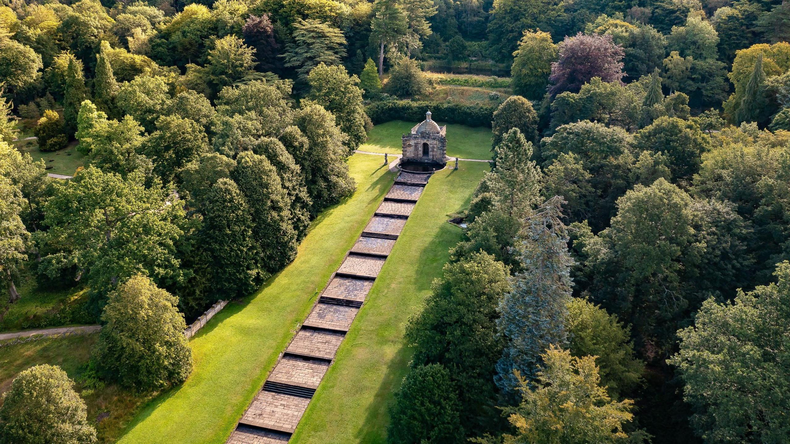 Aerial view of the cascade at Chatsworth House's gardens