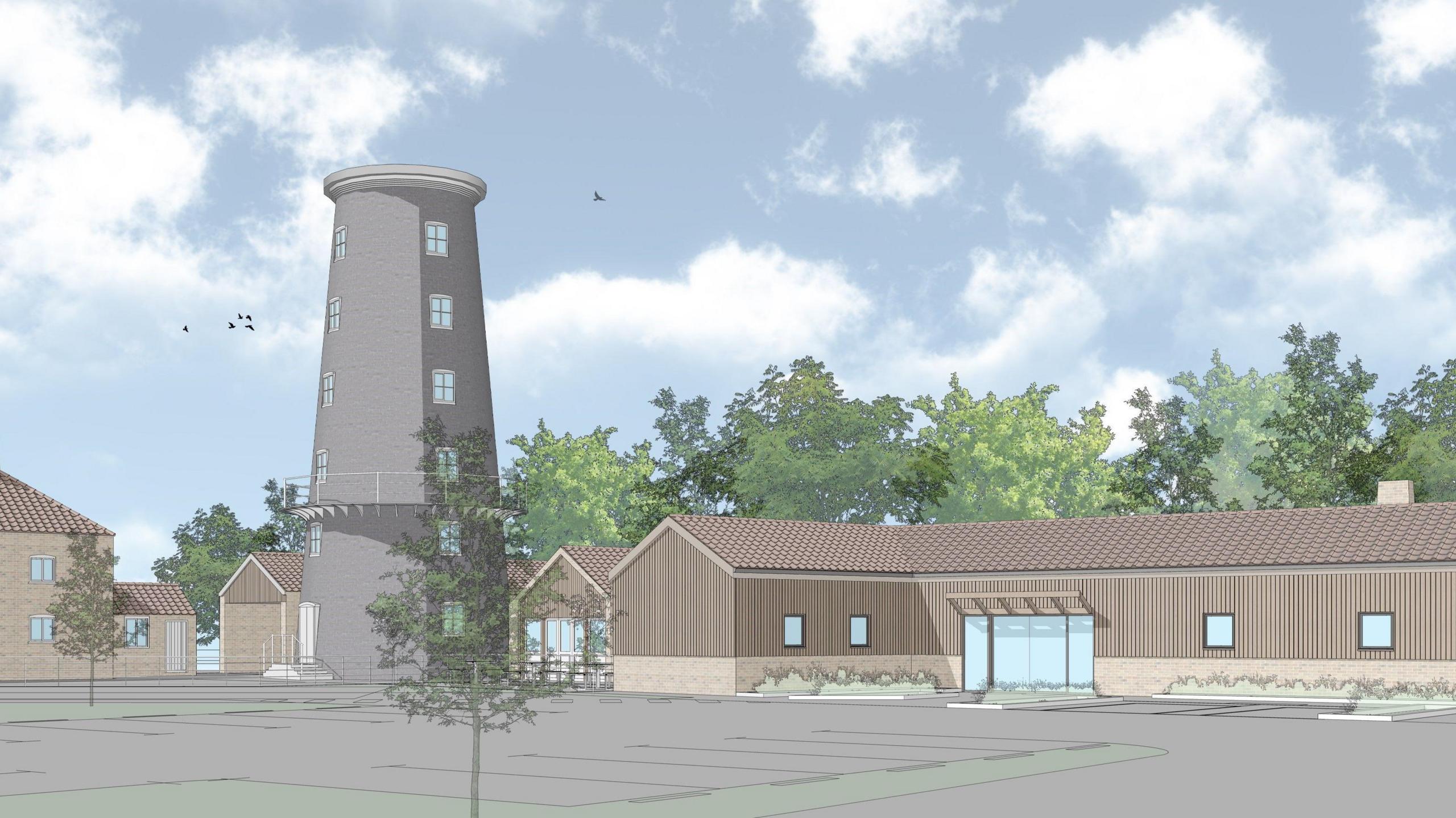 An artist's impression of how Alford Windmill will look after the project. The windmill, without sails, is towards the left of the picture and the new visitor centre can be seen towards the right. 