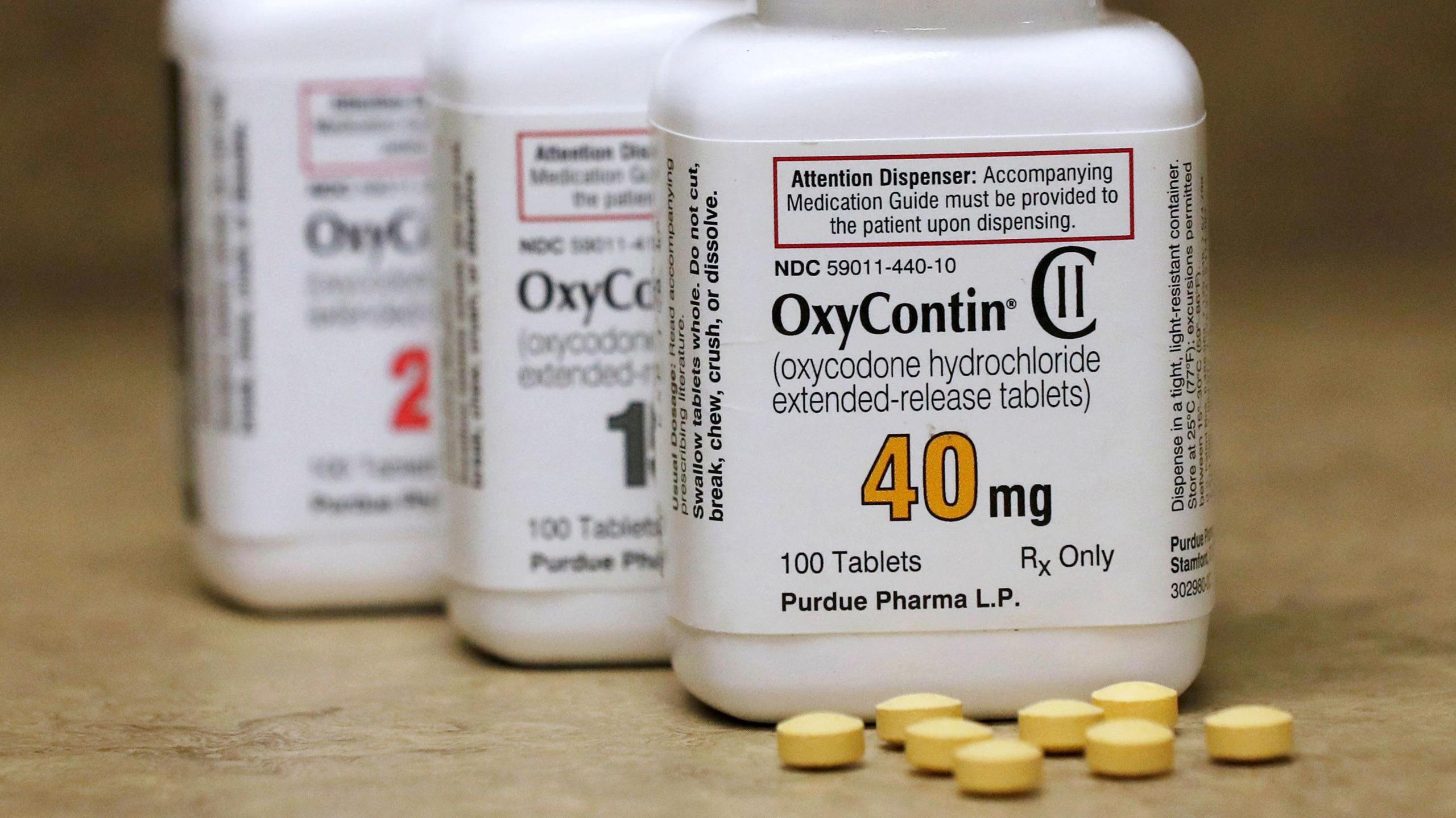 Bottles of prescription painkiller OxyContin pills, made by Purdue Pharma LP