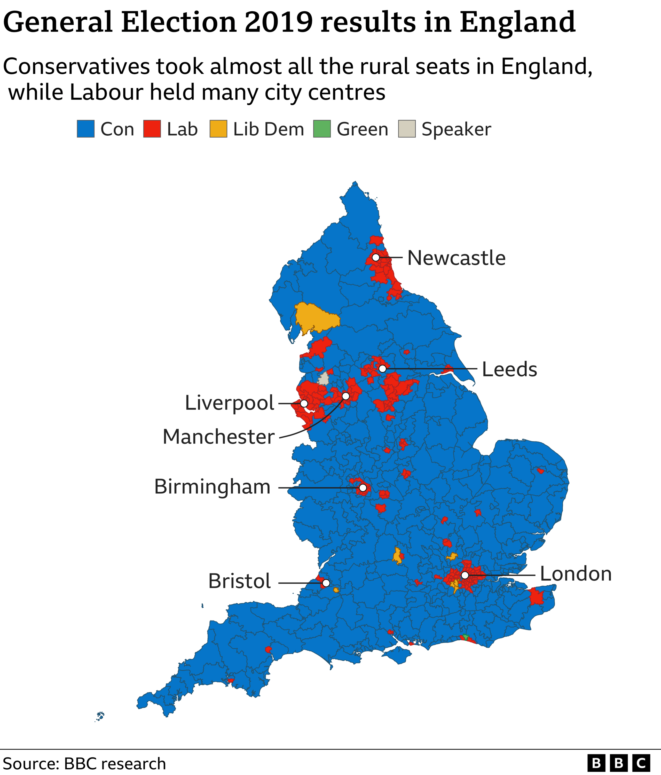 A electoral map of England after the 2019 general election