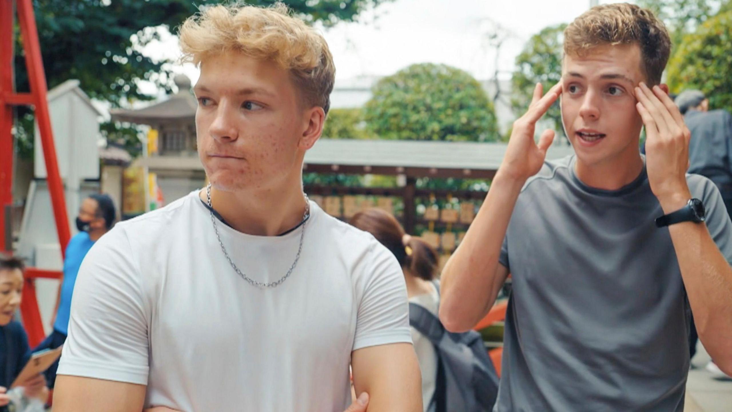 Owen and Alfie looking stressed in Japan