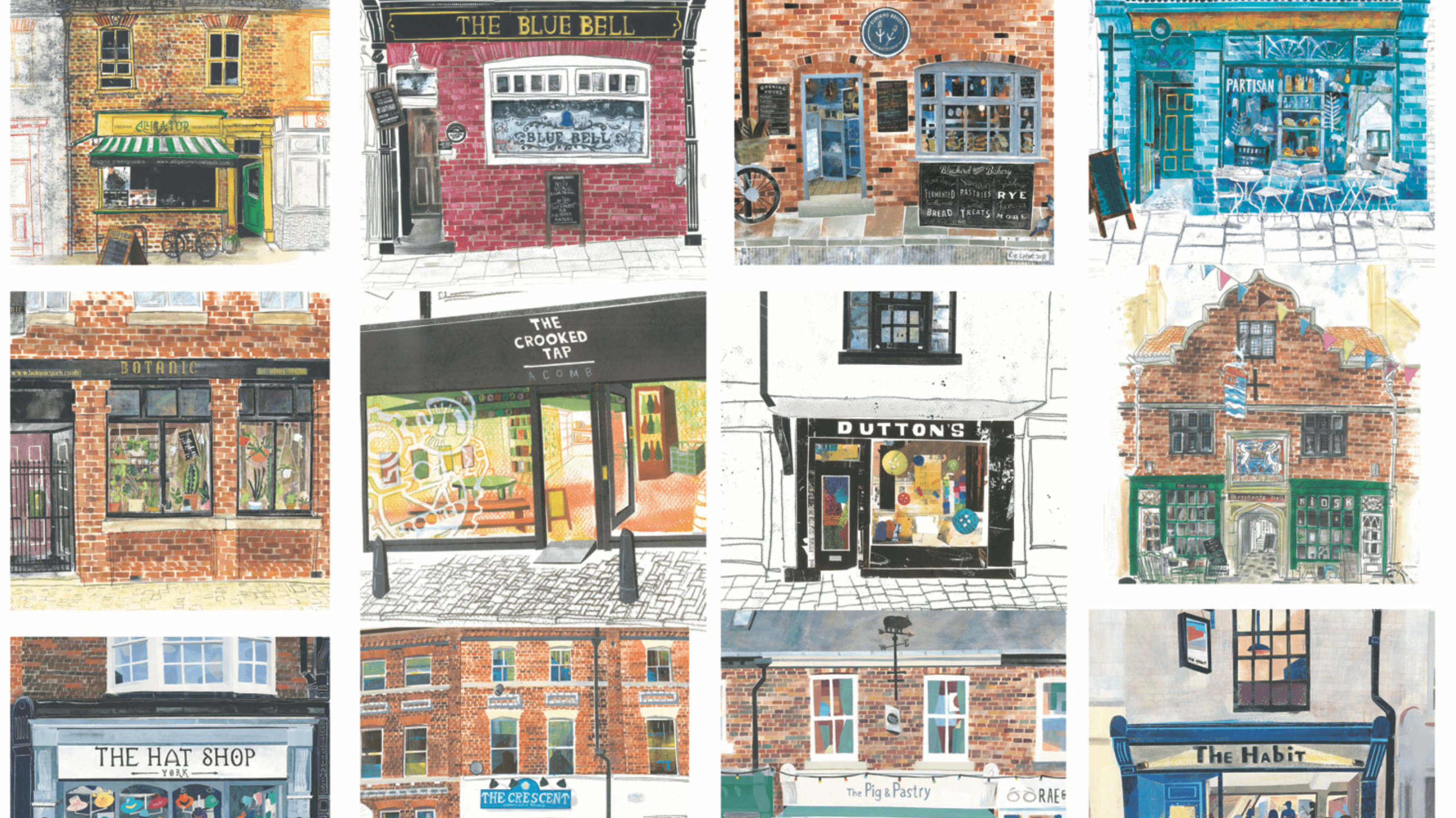 A collage of drawings of shop fronts from around York, including The Blue Bell, Duttons for Buttons, and The Hat Shop. 