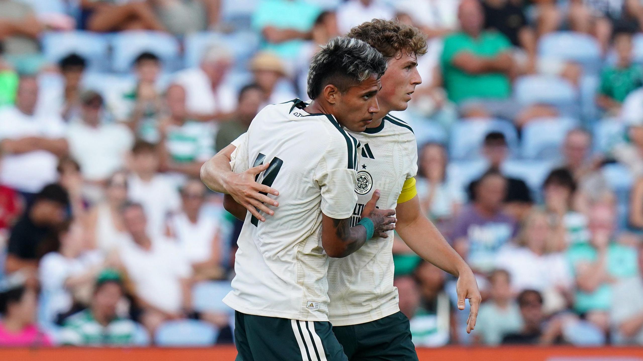 Camilo Duran celebrates with Arne Engels during a pre-season defeat by Sporting