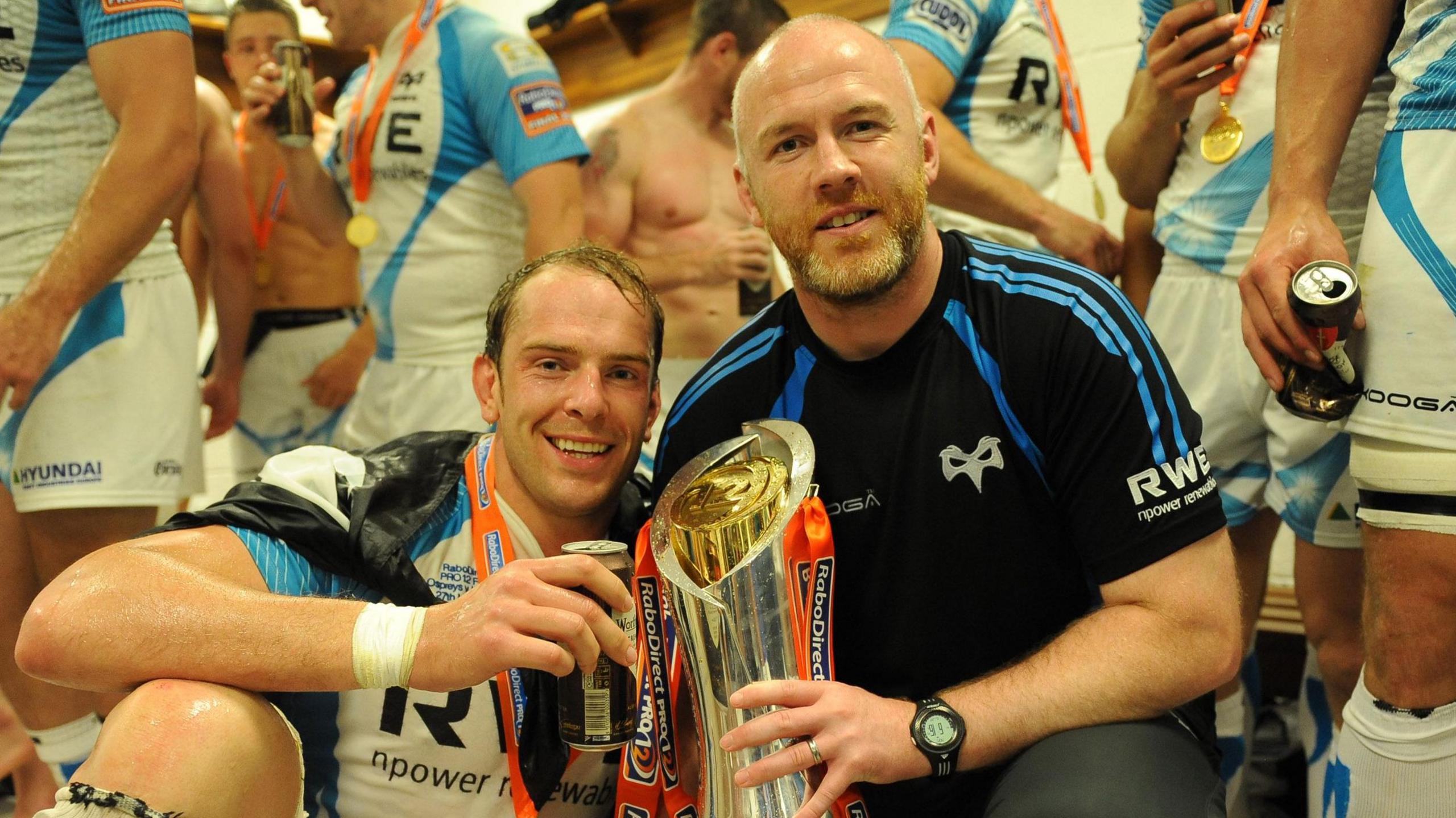 Ospreys captain Alun Wyn Jones and head coach Steve Tandy celebrate league success in 2012