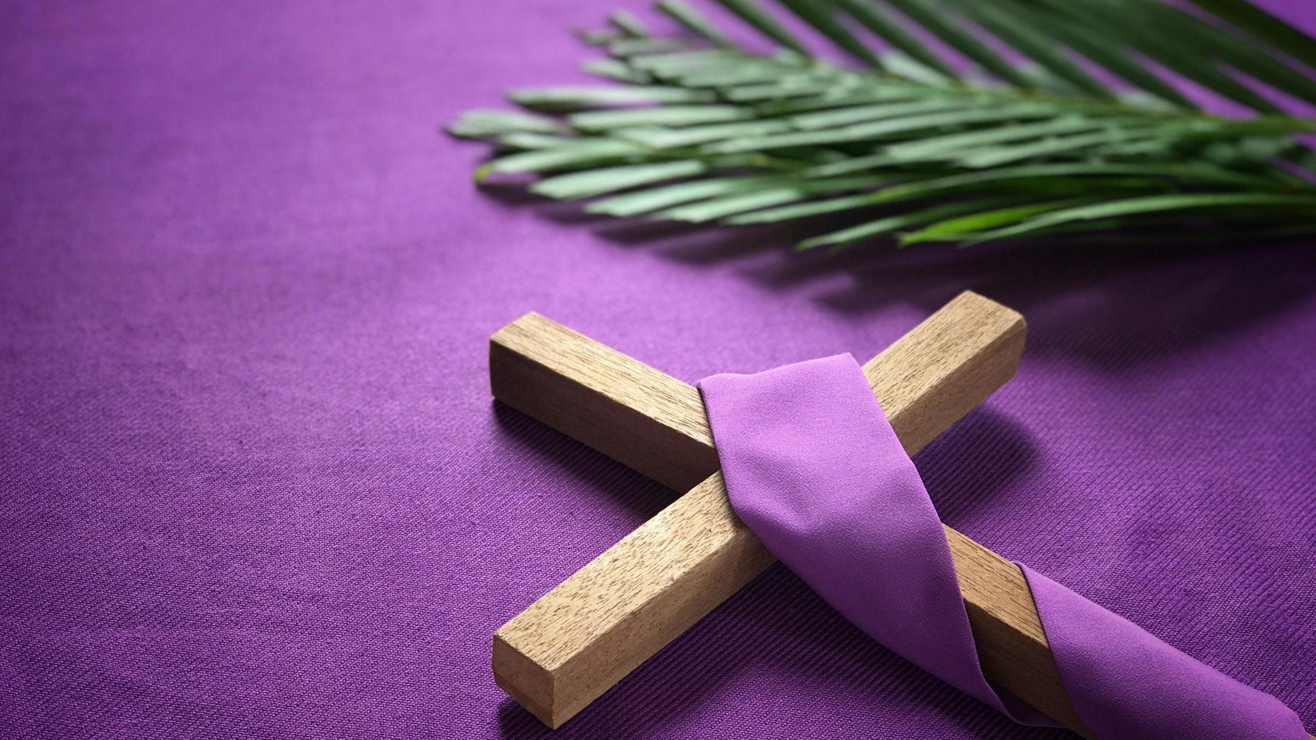 A crucifix lies on a purple background, with a piece of purple ribbon wrapped around it, and a palm in the background.